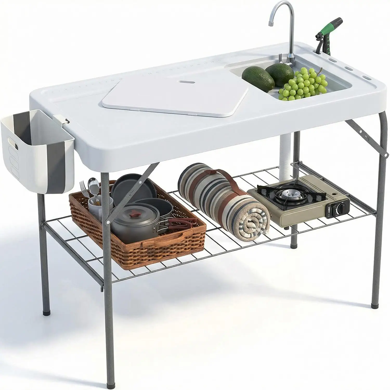 Folding Fish Cleaning Table with Sink & Sprayer, Portable Outdoor Fillet Station with Faucet, Drain Hose & Trash Bin, Heavy-Duty HDPE Top Holds 660lbs for Camping, Fishing, Patio, RV