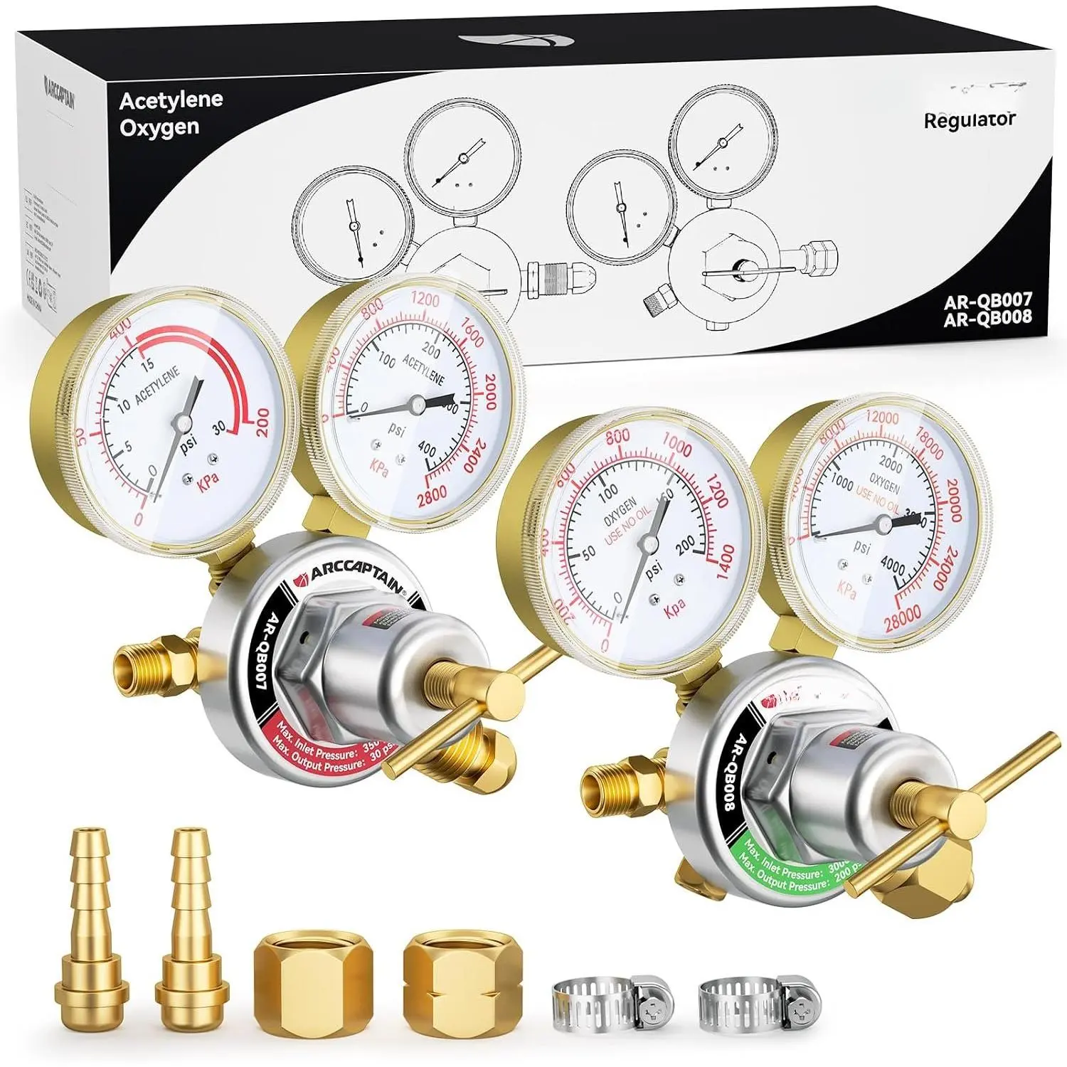 and Acetylene Regulators CGA540 and CGA510, Compatible with V-Style  , Heavy-Duty Gas Welding  Regulators with T-Handle Adjustments