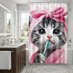 1pcs Adorable Kitten Shower Curtain — Featuring Heart Prints and Cartoon Animal Designs to Create a Cozy Bathroom Atmosphere