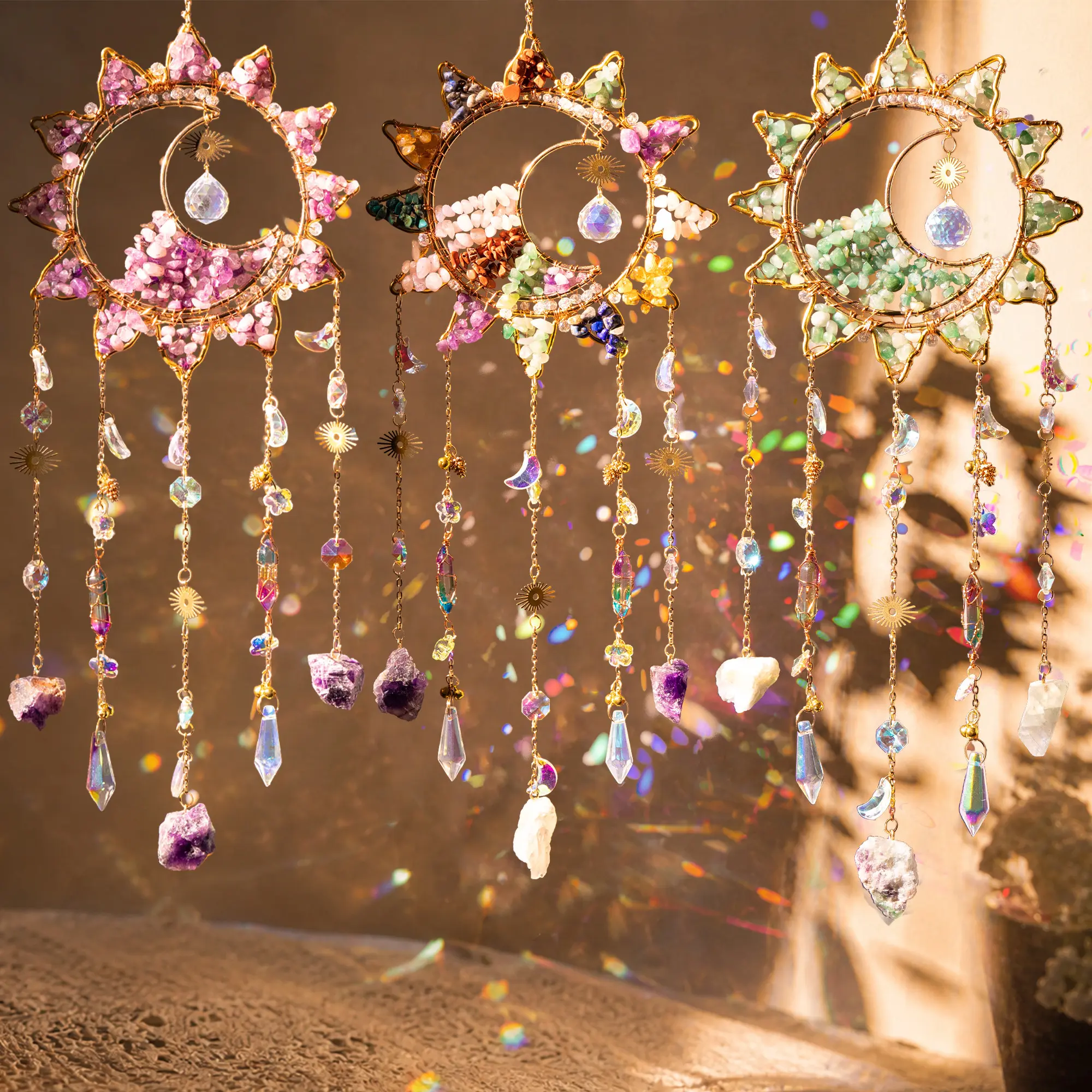 Natural Gemstone Crystal Sun Catcher, Sun and Moon Wire Wrapped Frame with Sparkling Glass Prism, Rainbow Maker Window Hanging Pendant Ornament for Home Garden Balcony Decoration, Bohemian Window Decor