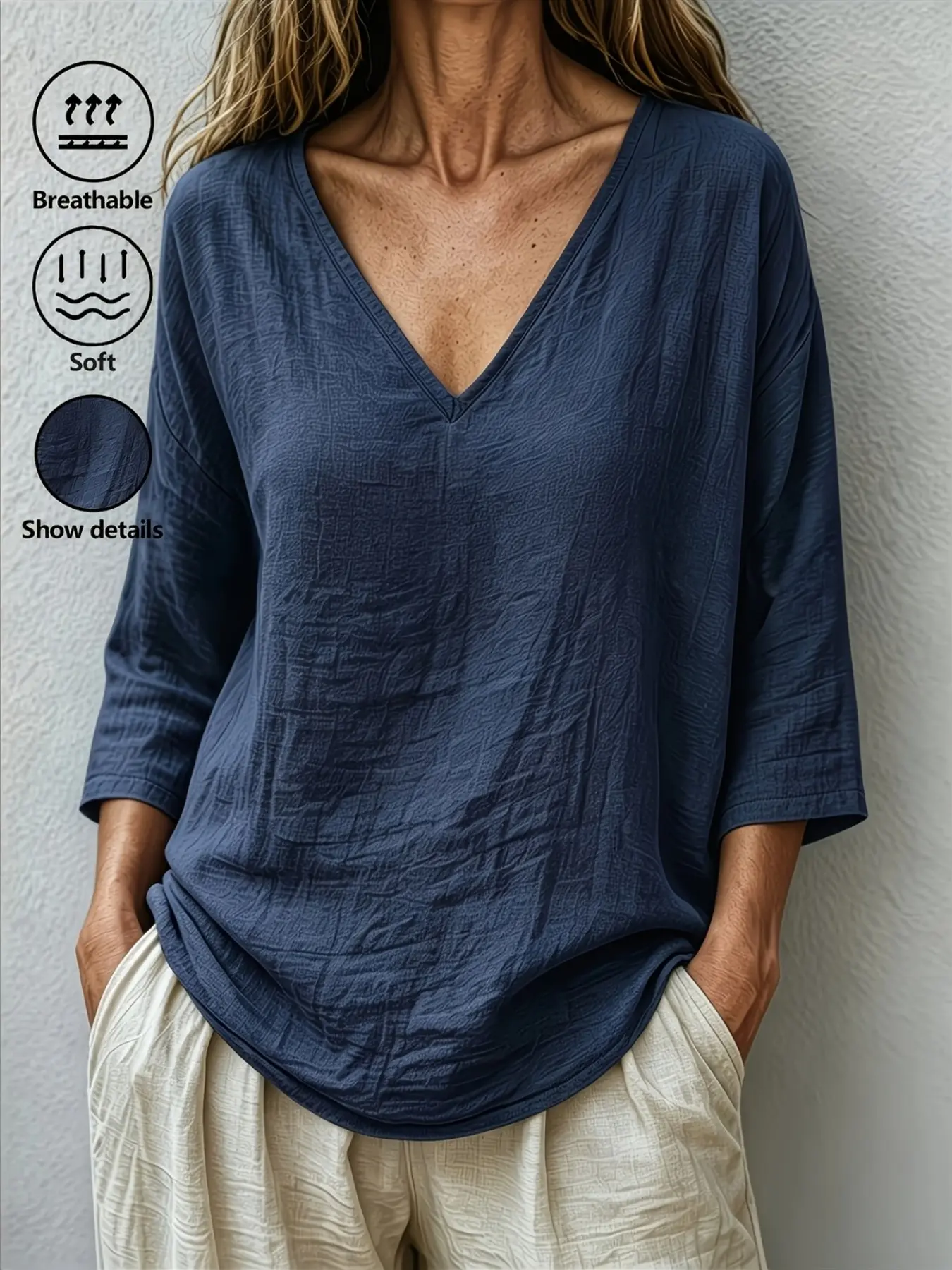 Plus Size Solid Color V-Neck Blouse Shirts Casual Loose Fit Breathable Top, Y2K Summer Daily Wear, Womenswear
