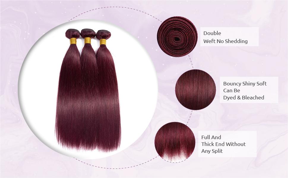 99J Straight Human Hair Bundles 100% Remy Hair Extensions Burgundy Straight Hair Bundles Sew-In Weaving Double Weft Brazilian Soft and Silky Colored Hair Bundles