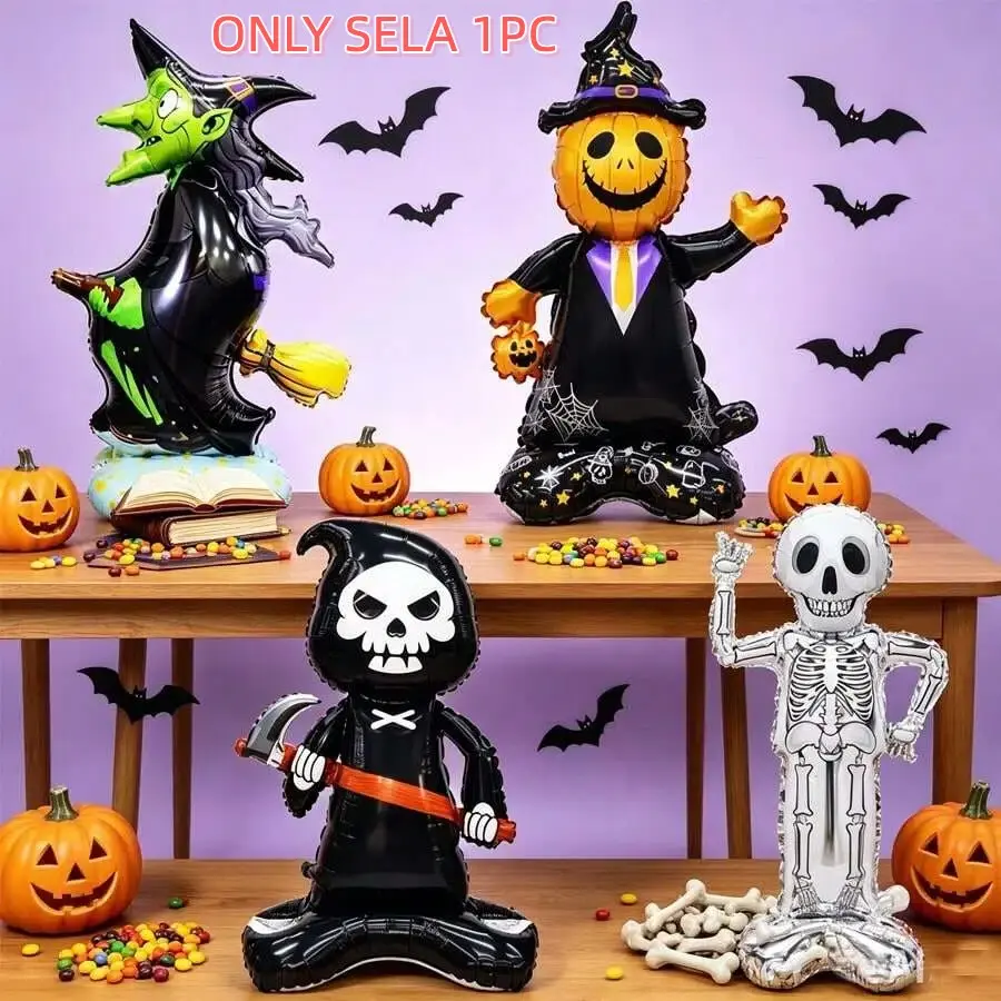 Giant Halloween Standing Foil Balloon Set, Pumpkin, Skeleton, Witch & Grim Reaper, Indoor Party Decorations, Haunted House Decor, Photo Booth Props