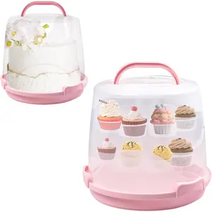 Round Cake Carrier Height Adjustable Cake Container with Cupcake Pad Handle Lid Reusable Box for Transporting Desserts Pie Toast Fruit 10" Pink