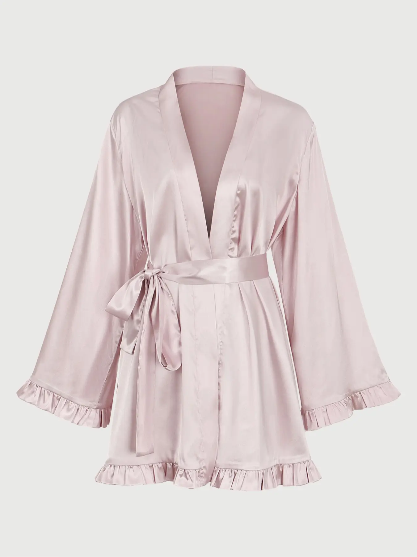 Elegant Satin Kimono Robe Loungewear Chic, Dusty Rose with Ruffle Cuffs & Hem, Long Sleeve Loose-Fitting Nightgown, Casual All Seasons Wear, Nightwear
