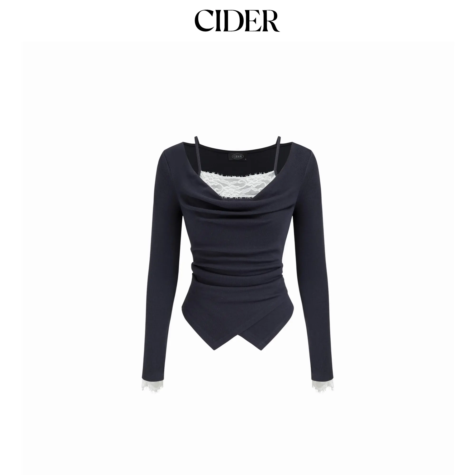 Cider Two-Tone Cowl Neck Lace Asymmetrical Hem Top SummerFinds