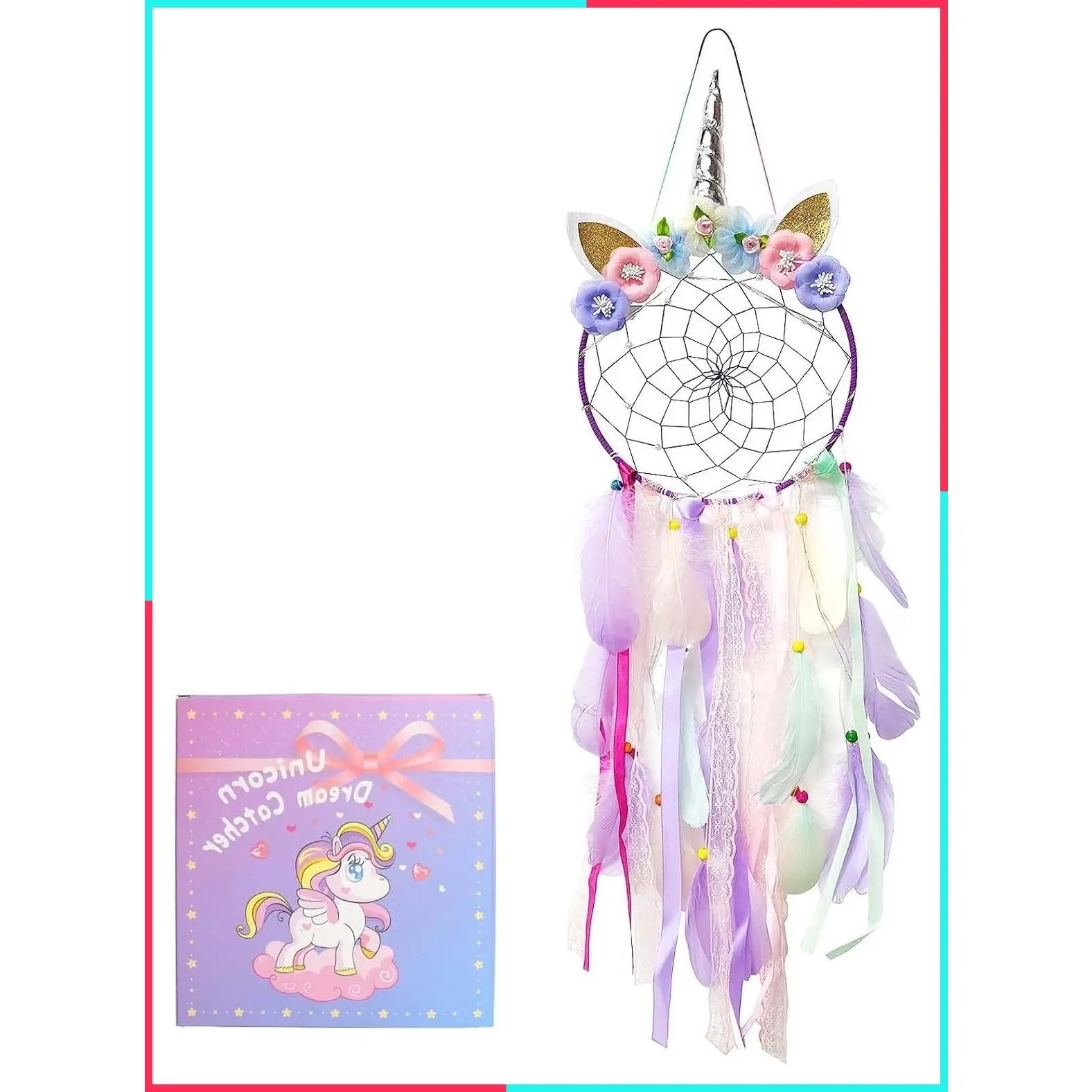 Unicorn Dream Catcher with LED Lights, Purple Feather Wall Hanging Decor for Girls