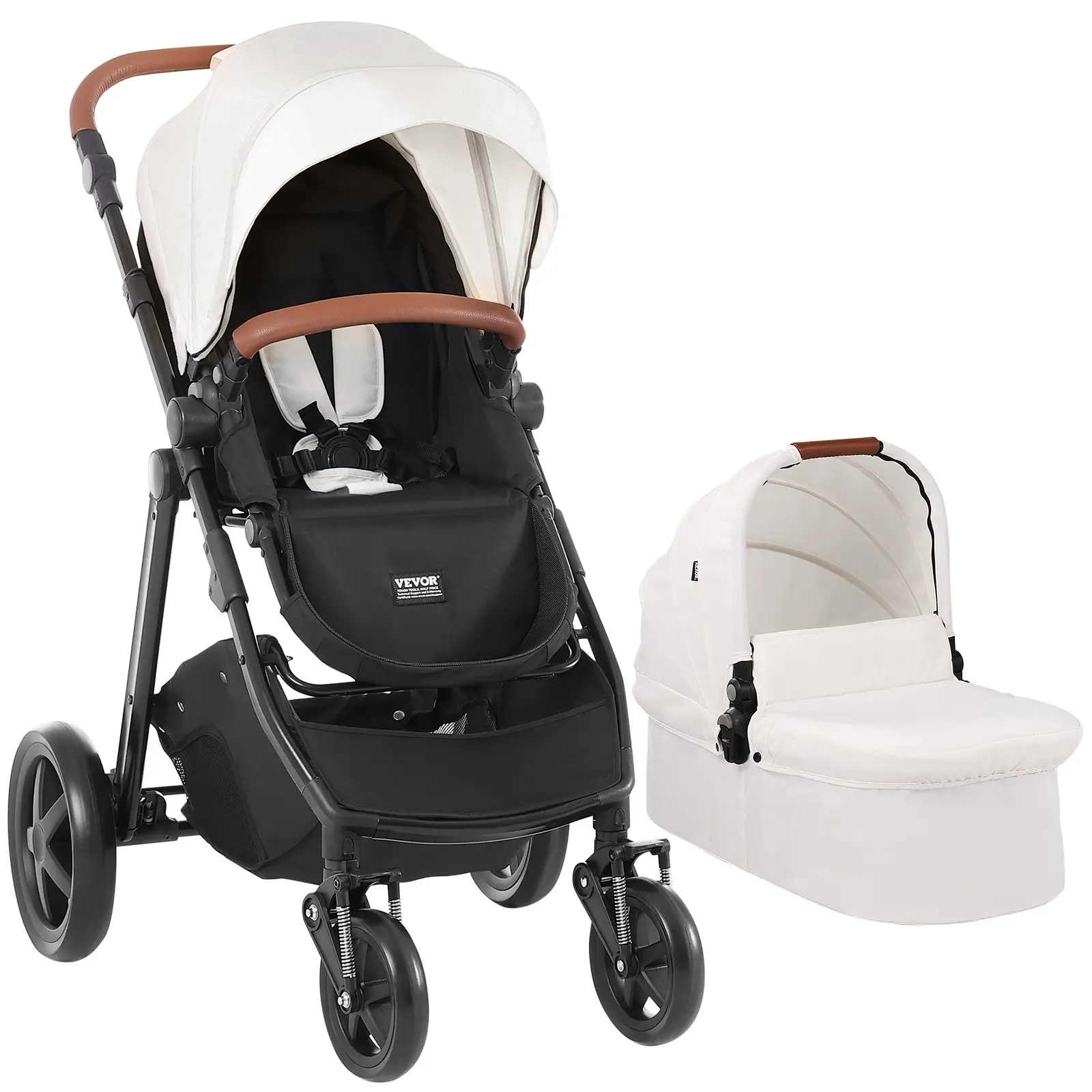 VEVOR 2-in-1 Travel System Stroller Combo Set (White) - Aluminum Frame, Infant Bassinet, Reversible Seat, 1-Button Folding, EVA Tires with Brake