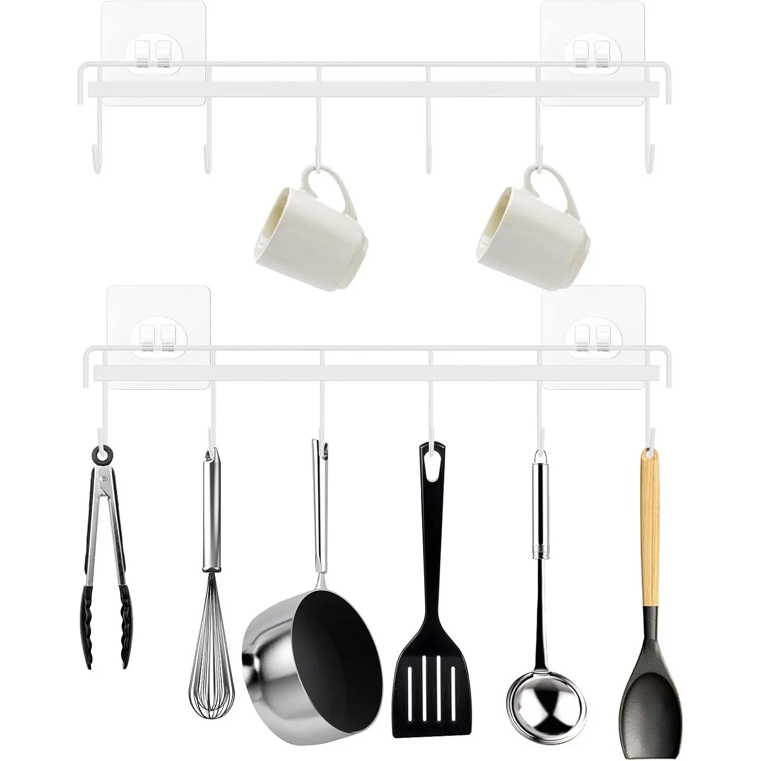 Kitchen Utensil Hanger, Adhesive Utensil Holder, White, 2 count |  and Rustproof, Polished Finish, No Drilling, 12 Hooks, Fits for Cups, Spoons, Spatulas, Ladles, Oven Mitts, Pots