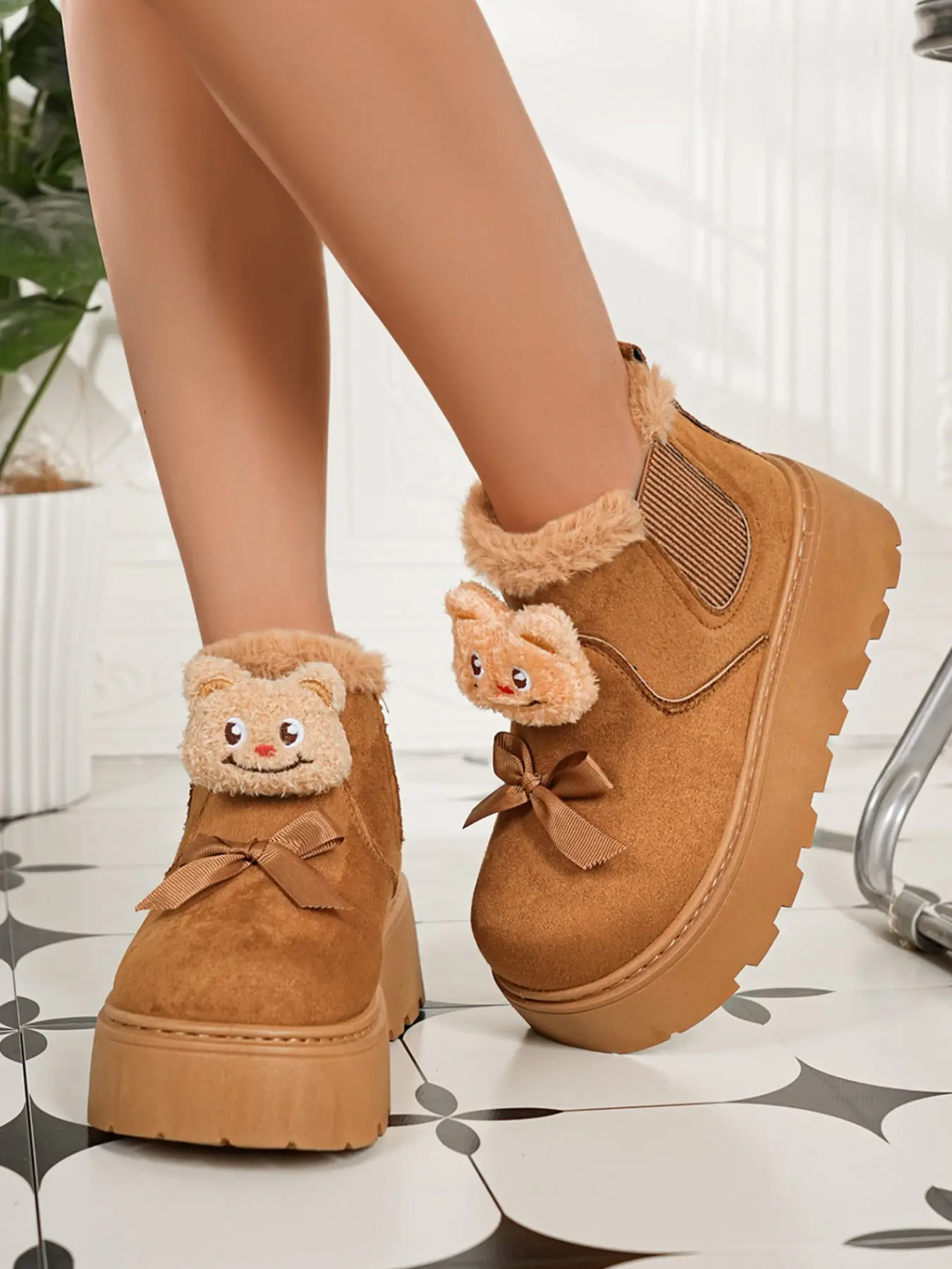 Cute Pearl Drawstring Fuzzy Snow Boots, Double Layer Lace Trim, Thick Warm Sole, Fall Winter Women's Cotton Boots, Casual Street Style