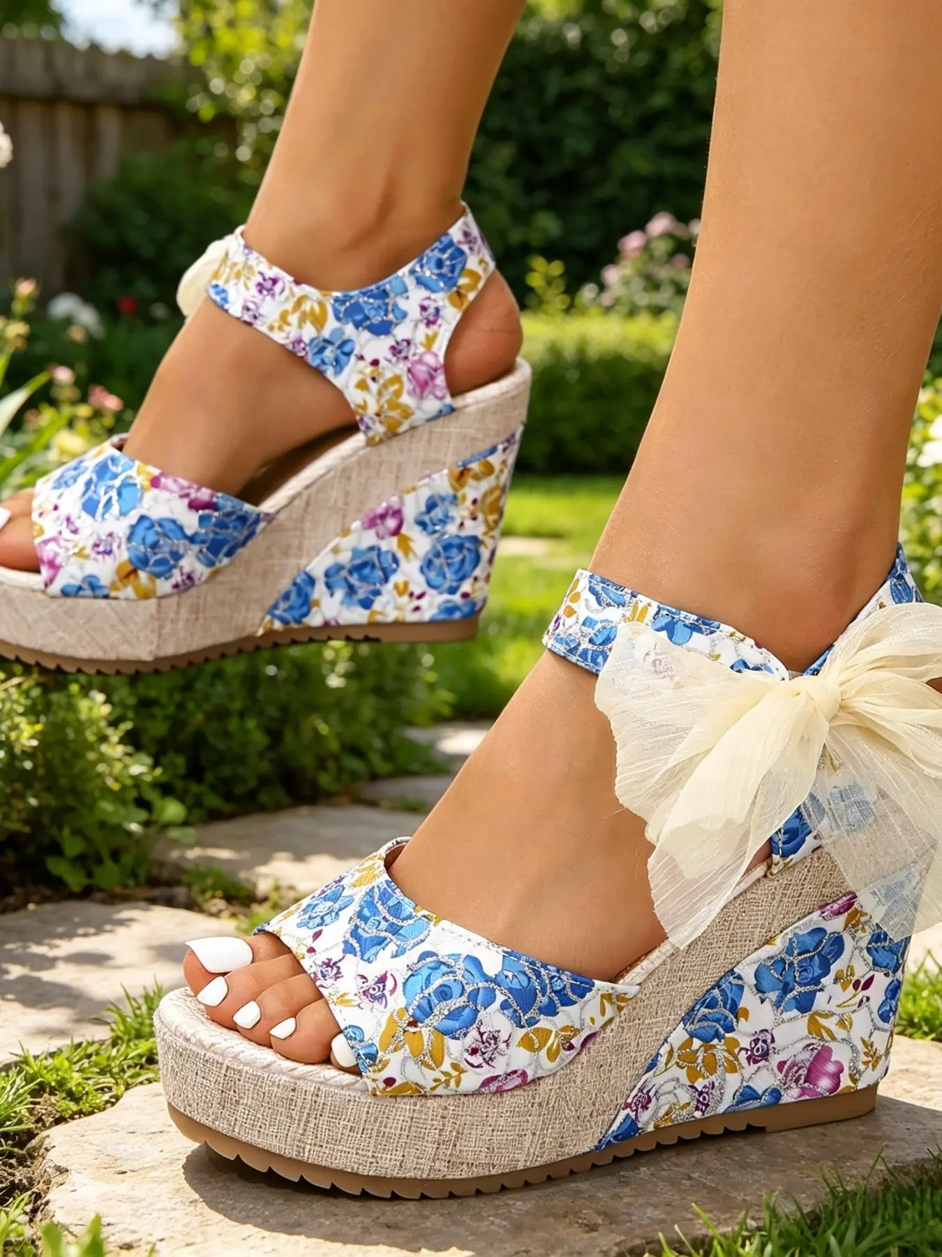 Floral Print Bow Wedge Heel Sandals Women Ankle Strap Platform Open Toe Summer Beach Shoes, Comfortable Casual Footwear, Stylish and Breathable Summer Sandals