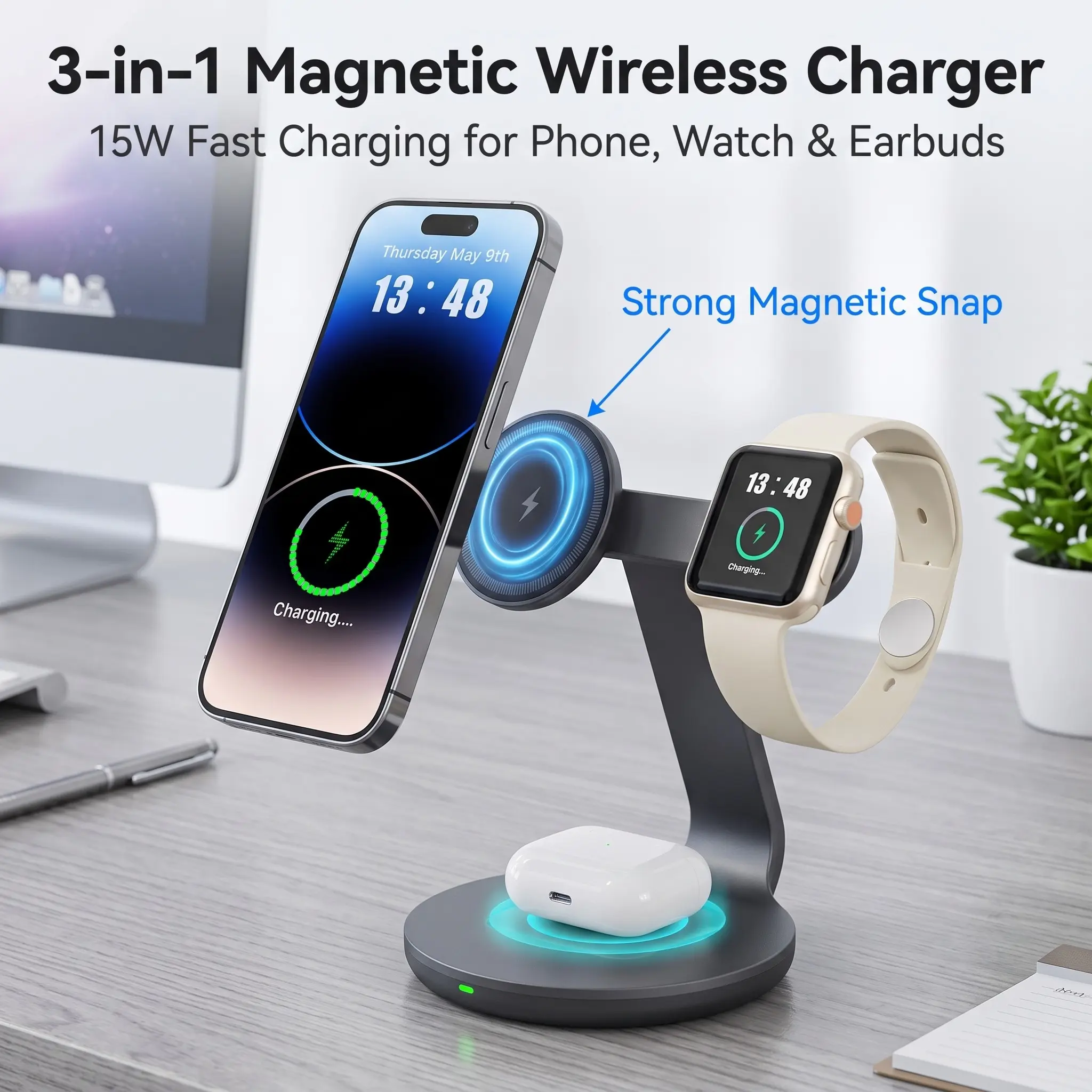 3‑in‑1 Mag‑Safe Magnetic Wireless Charger, High‑Quality ABS Material Desktop Stand,15W Fast Charging Compatible with iPhone, Apple Watch, AirPods for Bedroom and Office Desk