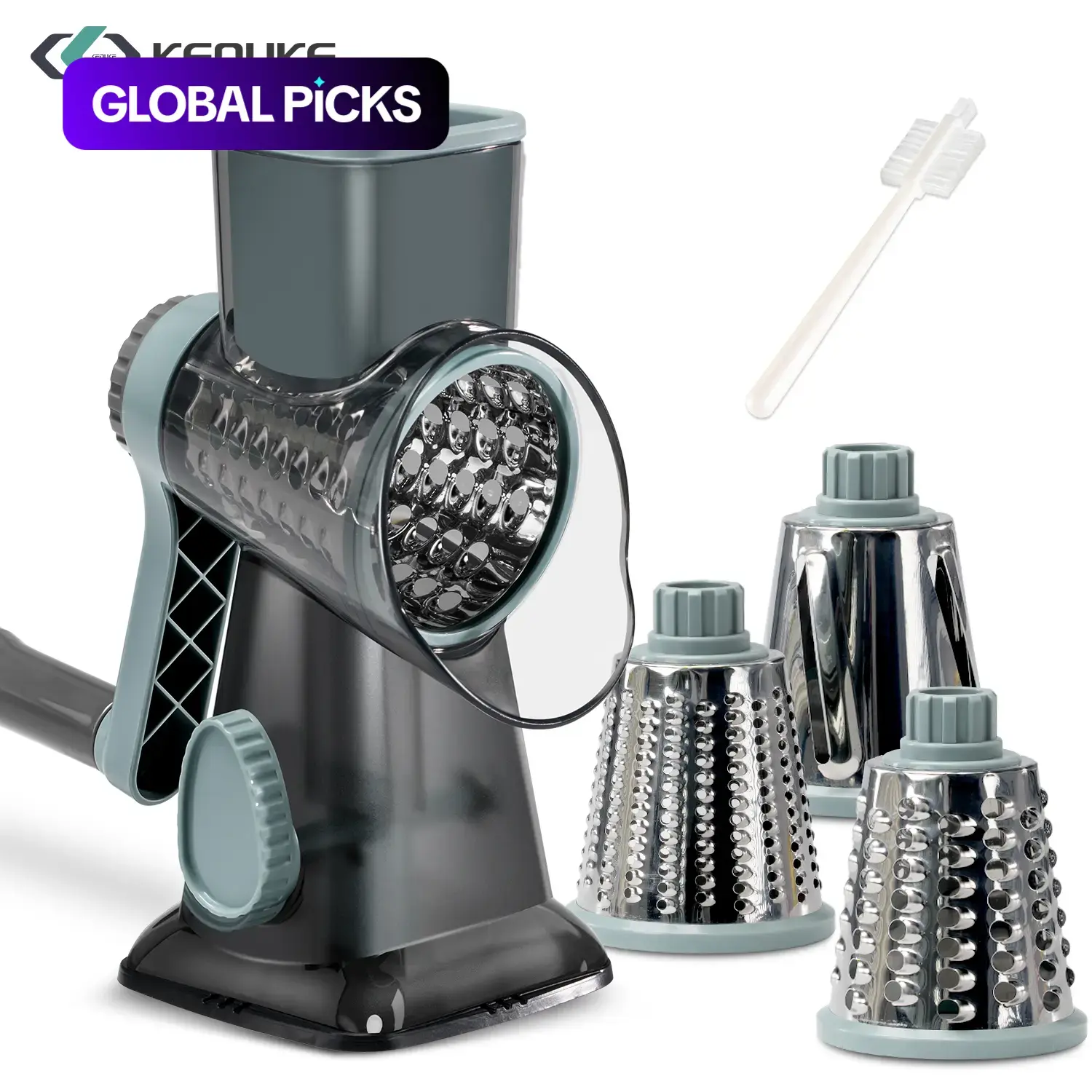 Keouke Rotary Cheese Grater, Manual Durable Vegetable Slicer with 3 Interchangeable Stainless Steel Blades, Hand Crank Shredder for Cheese and Vegetables #GLOBAL PICKS