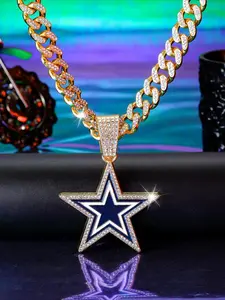 Punk Style Full Diamond Blue Star Necklace with Cuban Chain, Trendy Hip Hop Jewelry for Men and Women, Must-Have Fashion Accessory