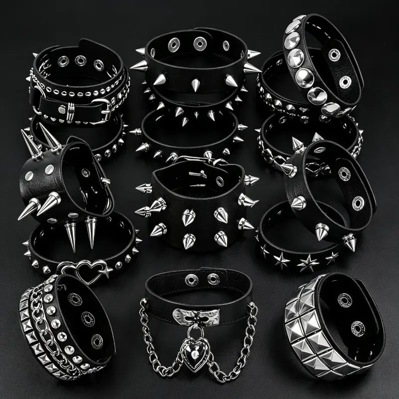 9/12Pcs Punk-Style PU Leather Studded Bracelet Set Mixed Style Dispatch Gothic Rock Wristband Adjustable Snap Fastening Unisex Trendy Party Accessory, for Teenager