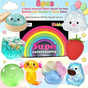 New Design Assorted Glitter Squeeze Toy 8 Styles Pack, Soft Texture Slow Rebound Sensory Fidget Toys, Glitter Transparent Fruit & Cartoon Animal Sensory Fidget Set, Portable Anxiety Relief Decompression Toy for Classroom Rewards