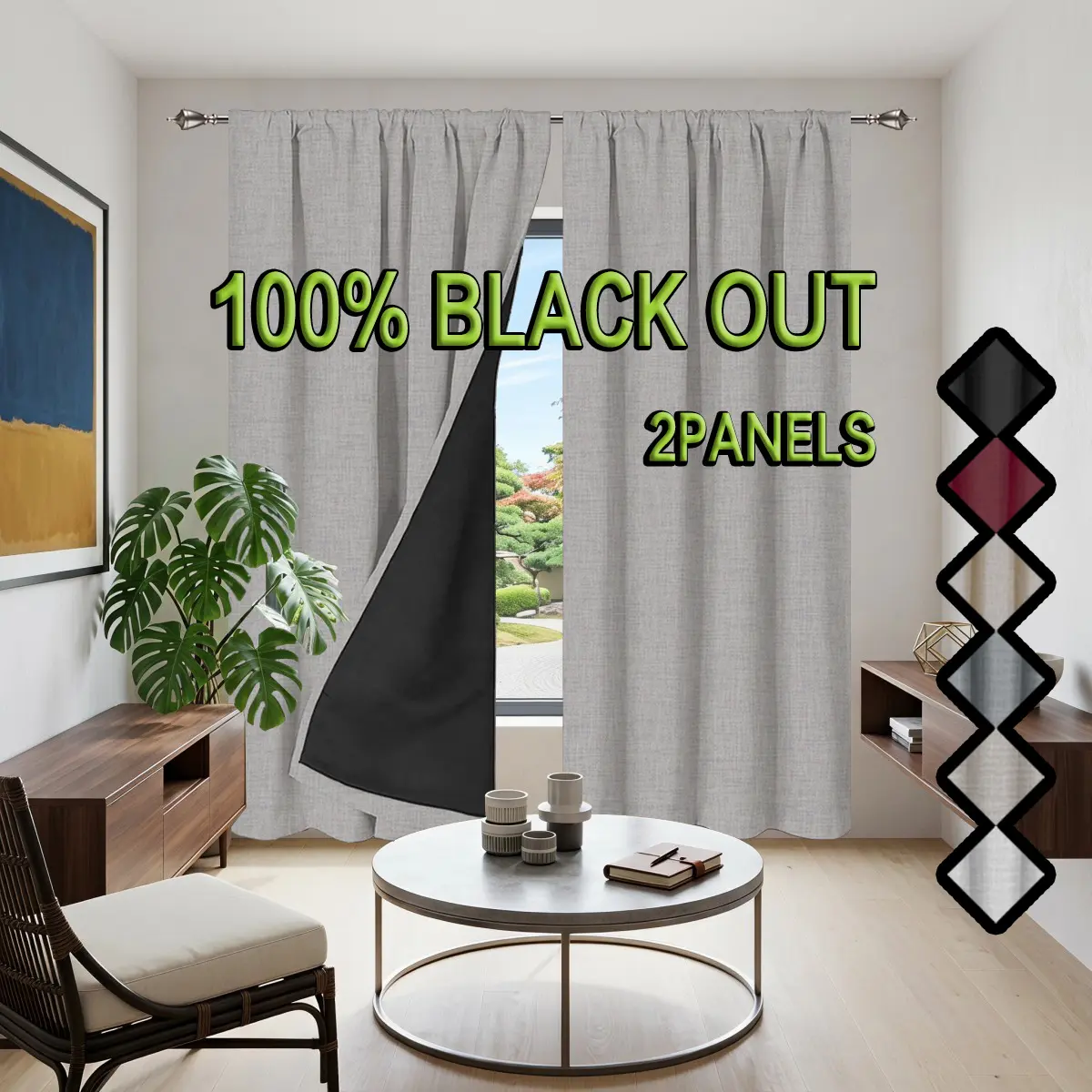 2-piece set, 100% blackout coated and laminated thickened faux linen curtains, polyester material, rod-mounted curtains with rainbow linen texture, suitable for bedroom home decor and room decoration