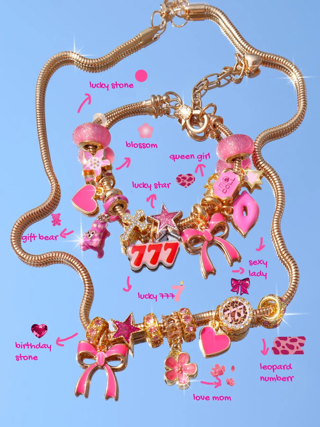 Leopard Print Bear Charm Bracelet Necklace Matching Jewelry Set, Butterfly Heart Design, Lucky Number 777 Memorial Jewelry, 2pcs Return to School Season Gift