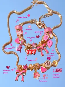 Leopard Print Bear Charm Bracelet Necklace Set, Butterfly Heart Design, Lucky Number 777 Memorial Jewelry, 2pcs Return to School Season Gift