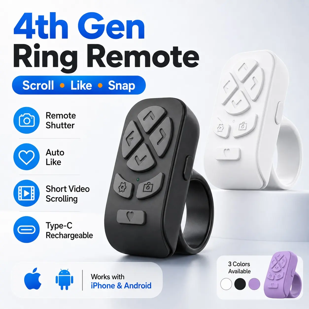 Bluetooth-compatible Ring Remote Control for Phone & Tablet, Wireless Camera Shutter, Shutter Clicker, Camera Accessories, Video Scrolling Page Turner for Tiktok, Selfie, Reading & Live