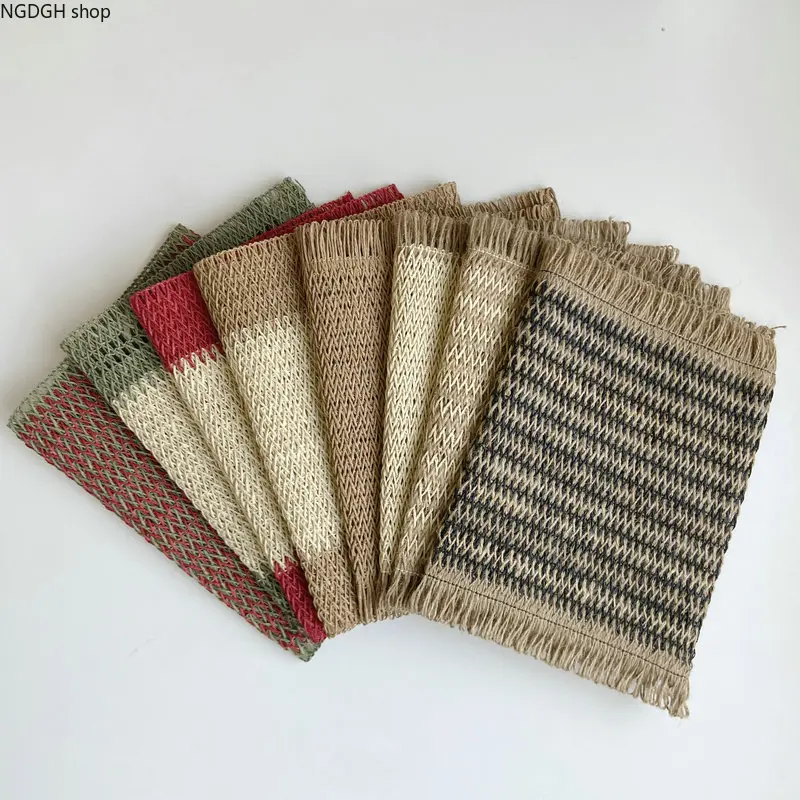 Woven Placemats - Fringe Jute Table Mats for Dining, Rustic Farmhouse Striped Boho Natural Beige Kitchen Home Deco