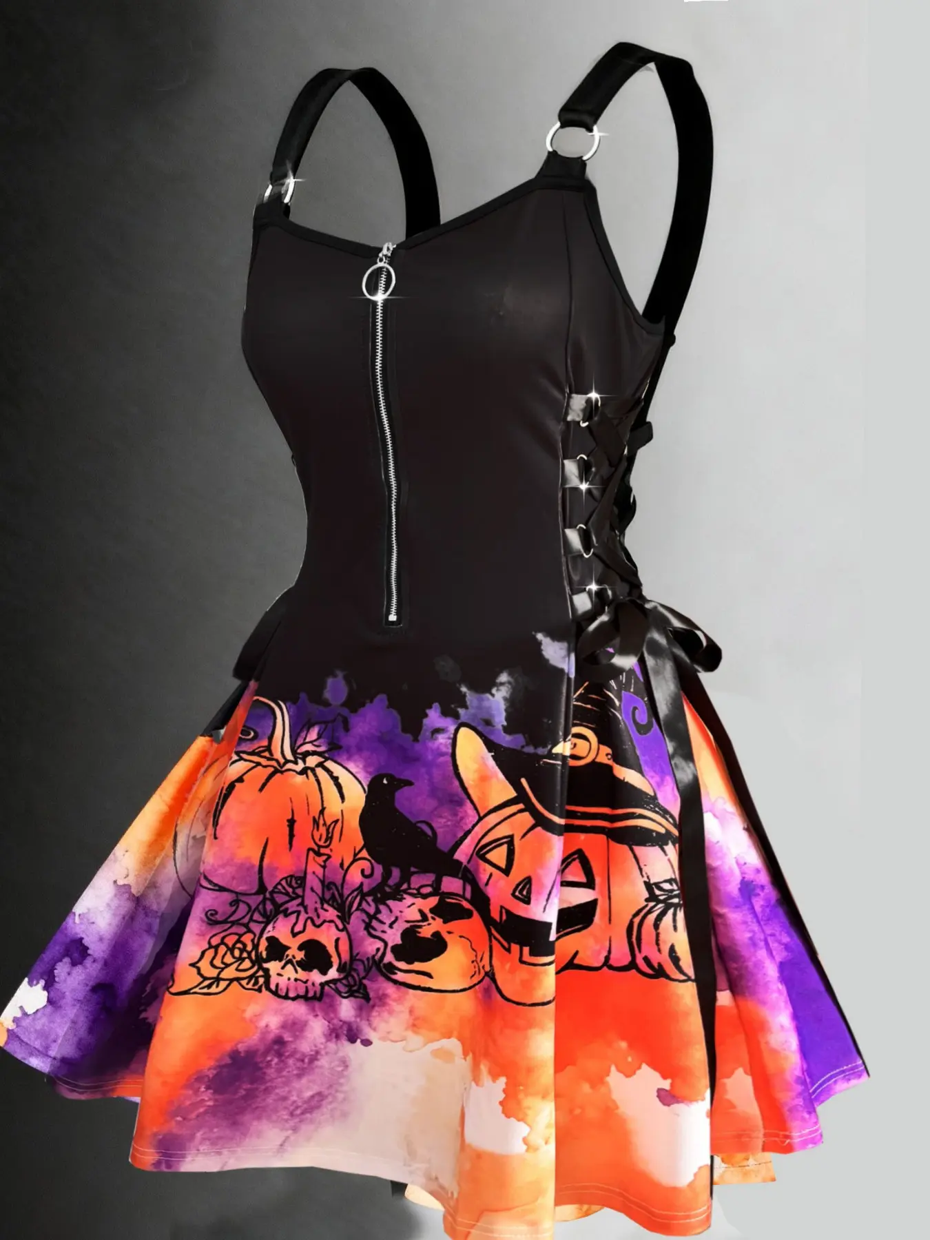 Halloween Pumpkin Face Print Dress, Slim Fit Tie Waist, Fashion Zipper Neck, Fun Party Dress, Cinched Zip Dress, Dark Theme, Fall & Winter, Style