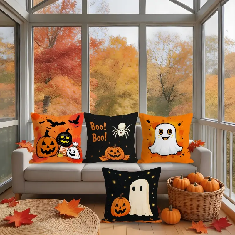 2D Flat - 4pcs 2D Flat Printing, Halloween Theme Pillowcases, Multi-Size Pumpkin Bat Spider Ghost Pattern Pillow Covers, Autumn Halloween Cartoon Style, Suitable for Living Room Sofa, Bedroom Bedside, Holiday Decoration, Party Setup