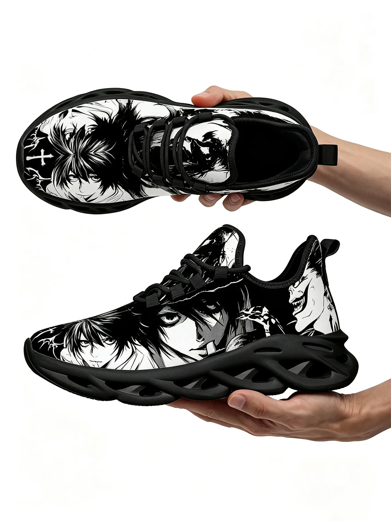 Exclusive Black White Dark Manga Character Collage Blade Sneakers Men Women Breathable Mesh Lace Up Running Shoes Monochrome Gothic Anime Sketch Pattern Hollow Sole Streetwear Casual Trainers