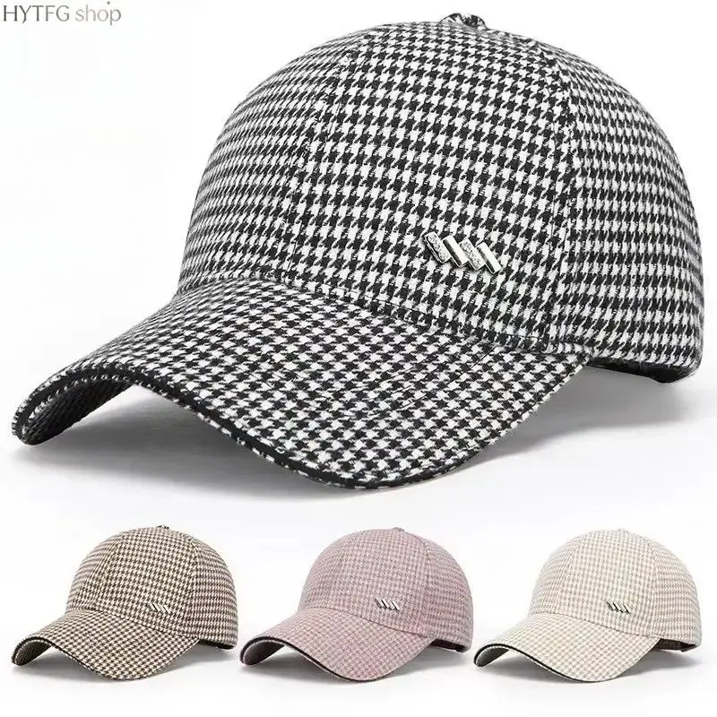 Houndstooth Woven Wool Baseball Cap, Unisex Minimal Metal‑Accent Peaked Hat, Adjustable Fit Vintage Headwear, Casual Fashion Accessory for Daily‑Occasion Styling