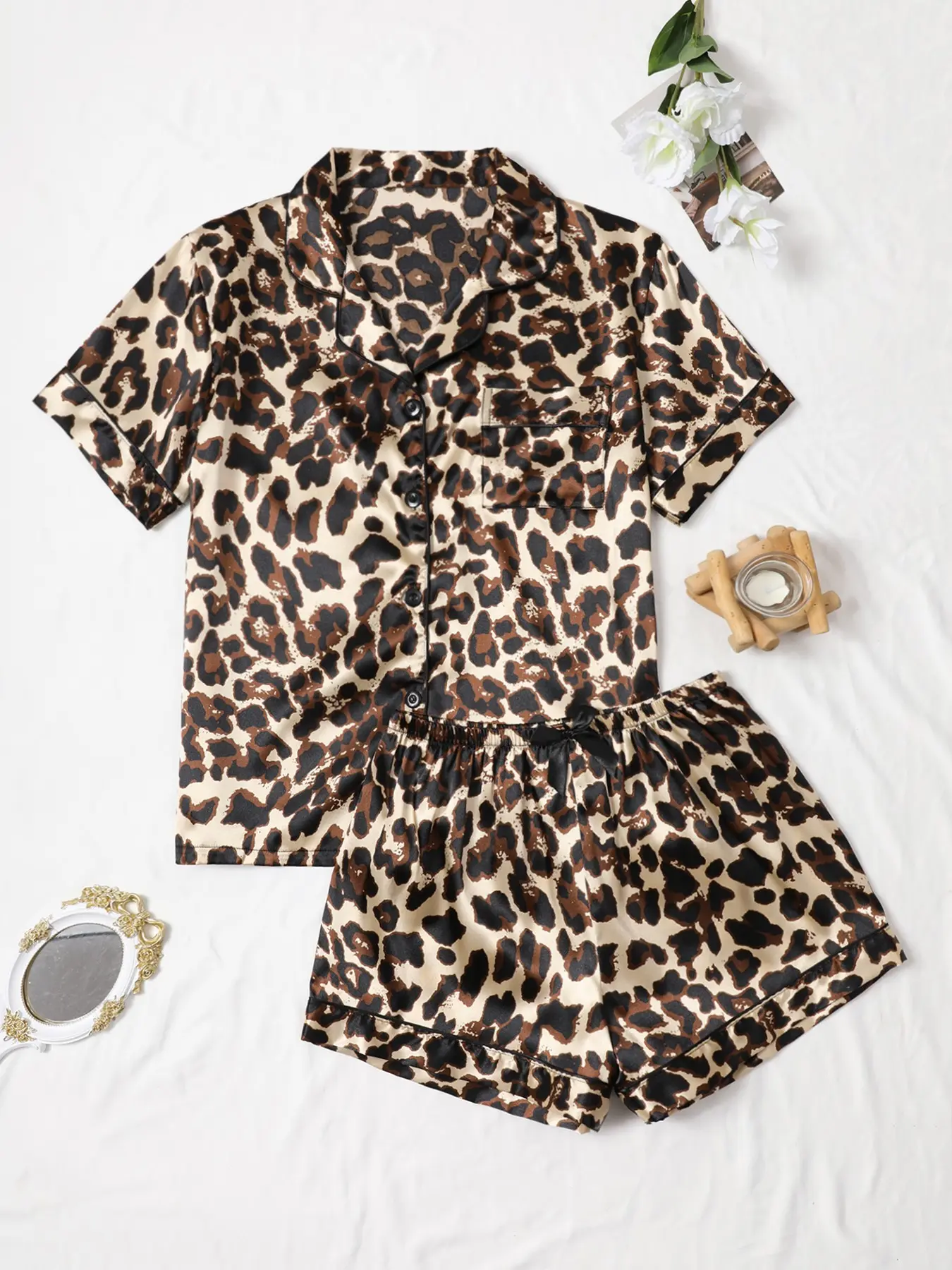 Women's Leopard Print Satin Pyjama Set, Casual Comfy Short Sleeve Pocket Shirt & Elastic Waist Shorts PJ Set, Ladies Summer Nightwear Outfit Sleepwear Loungewear Pajamas