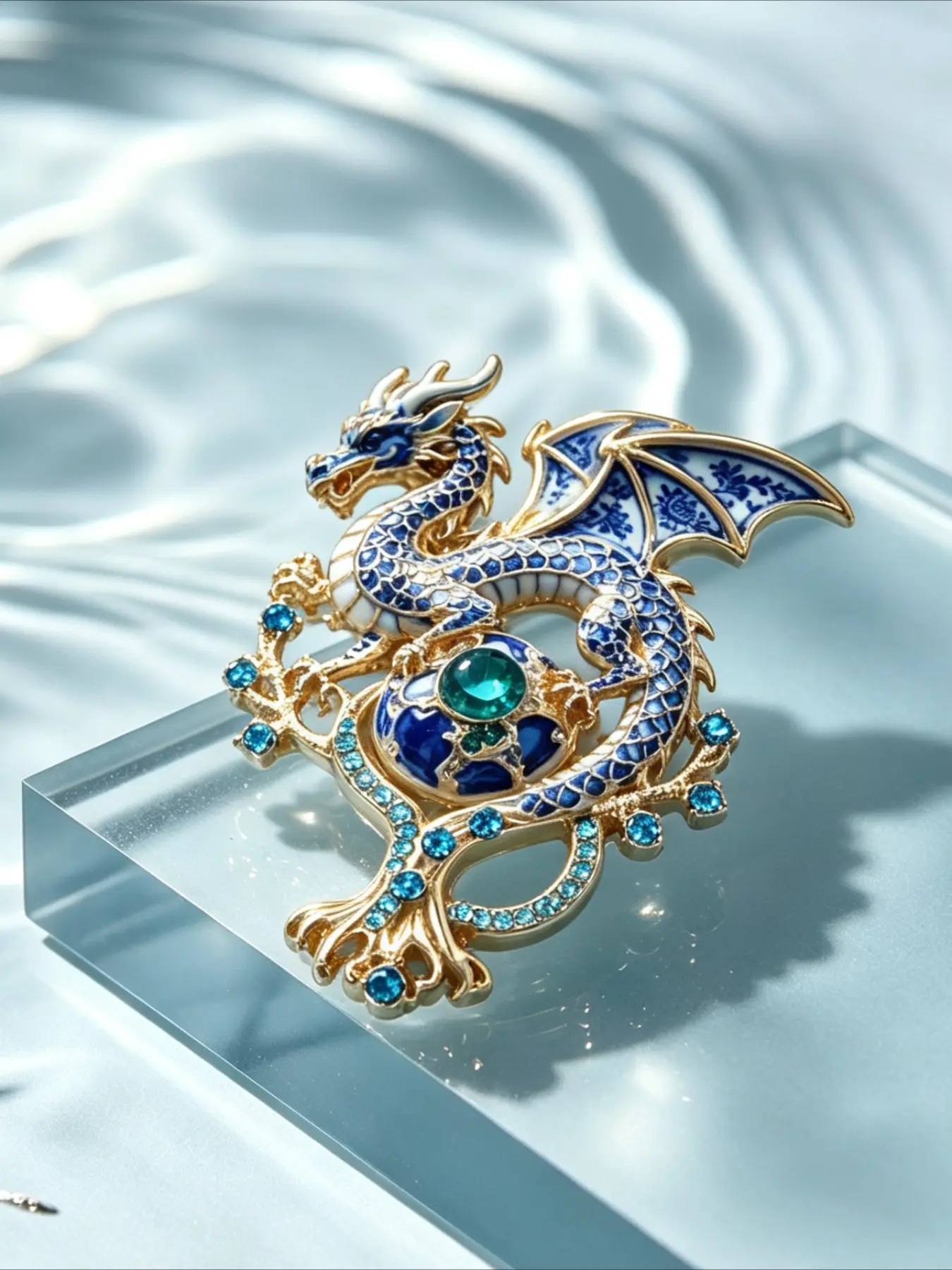 Vintage Blue White Porcelain Chinese Dragon Brooch, Brooch Pins, Brooch Pin Clip, Rhinestone Mythical Flying Dragon Fashion Lapel Pin, Oriental Floral Badge for Coat Scarf Jewelry Gift