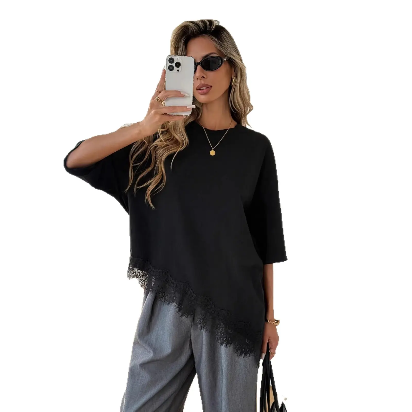 Women's Elegant Short Sleeve T-Shirt Summer Casual Loose Fit Tops Asymmetrical Lace Trim Hem Chic Splicing Tunic Blouse Premium Streetwear Y2K Fashion Trendy O-Neck Oversized Tee Shirt Daily Wear Going Out