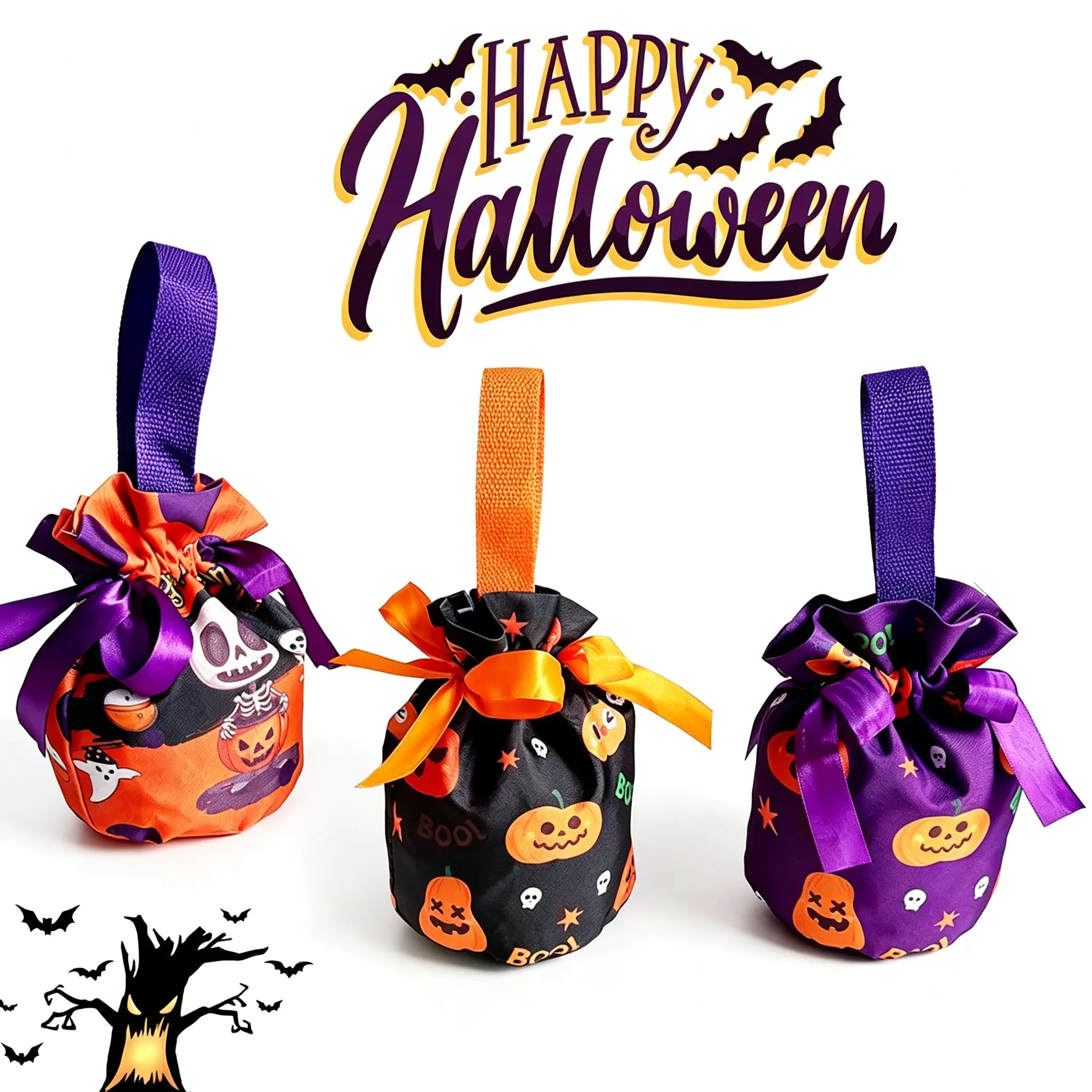 Spooky 4-PCS Unisex Halloween Pumpkin-Skull-Ghost Print Drawstring Gift Bags with Handles, Reusable Portable Purple-Black-Orange-5 Set Candy Treat Pouches with Stickers for Trick-or-Treating, Party Favors