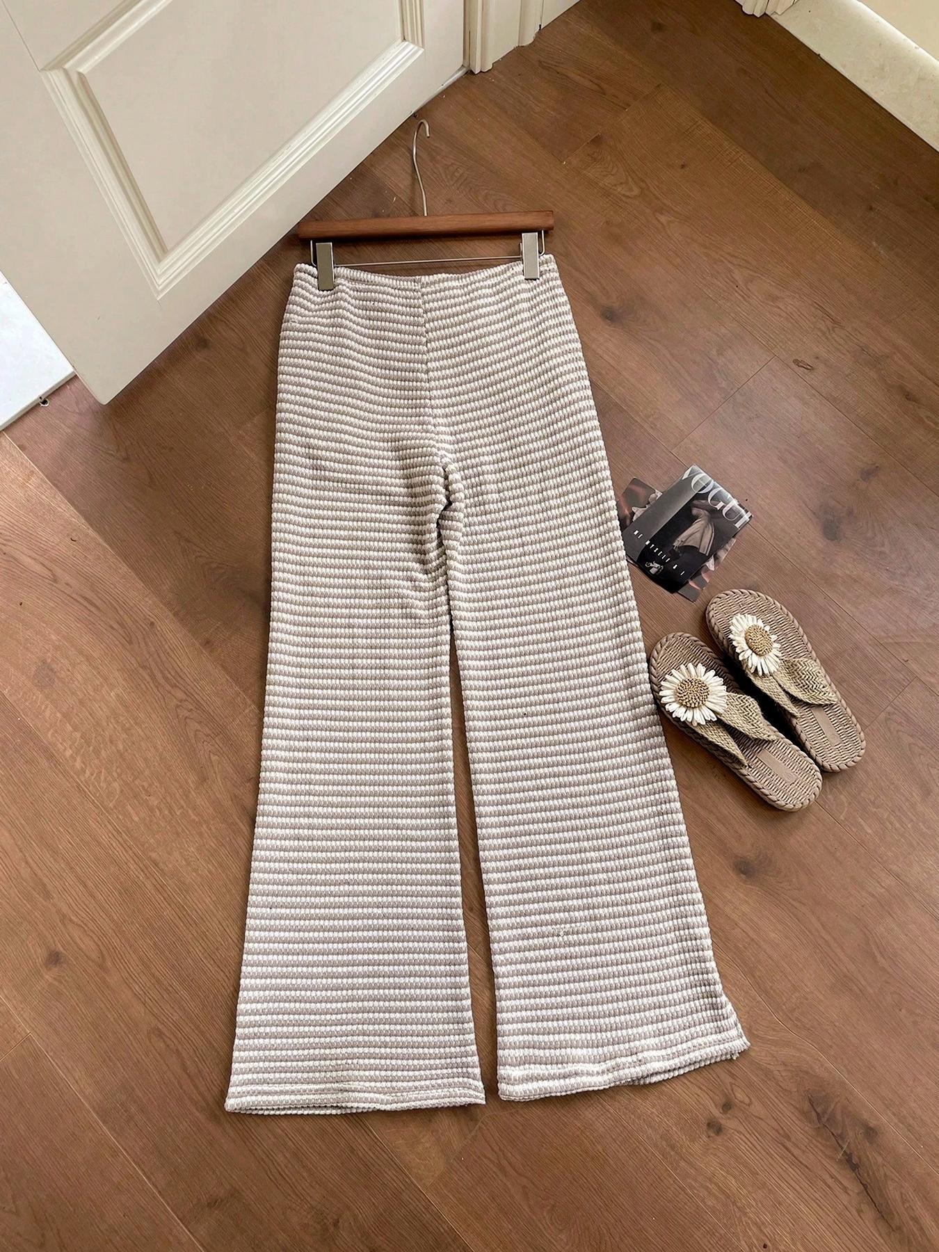Women's Summer Knitted Striped Drawstring Pocket Casual Loose Wide Leg Pants, Perfect for Daily Wear and Vacations