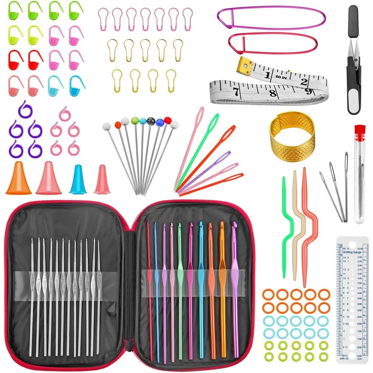 100 count Crochet Hook Set with Yarn Knitting  Sewing Tools Full Set Knit Gauge   Holders Household Tool Kit