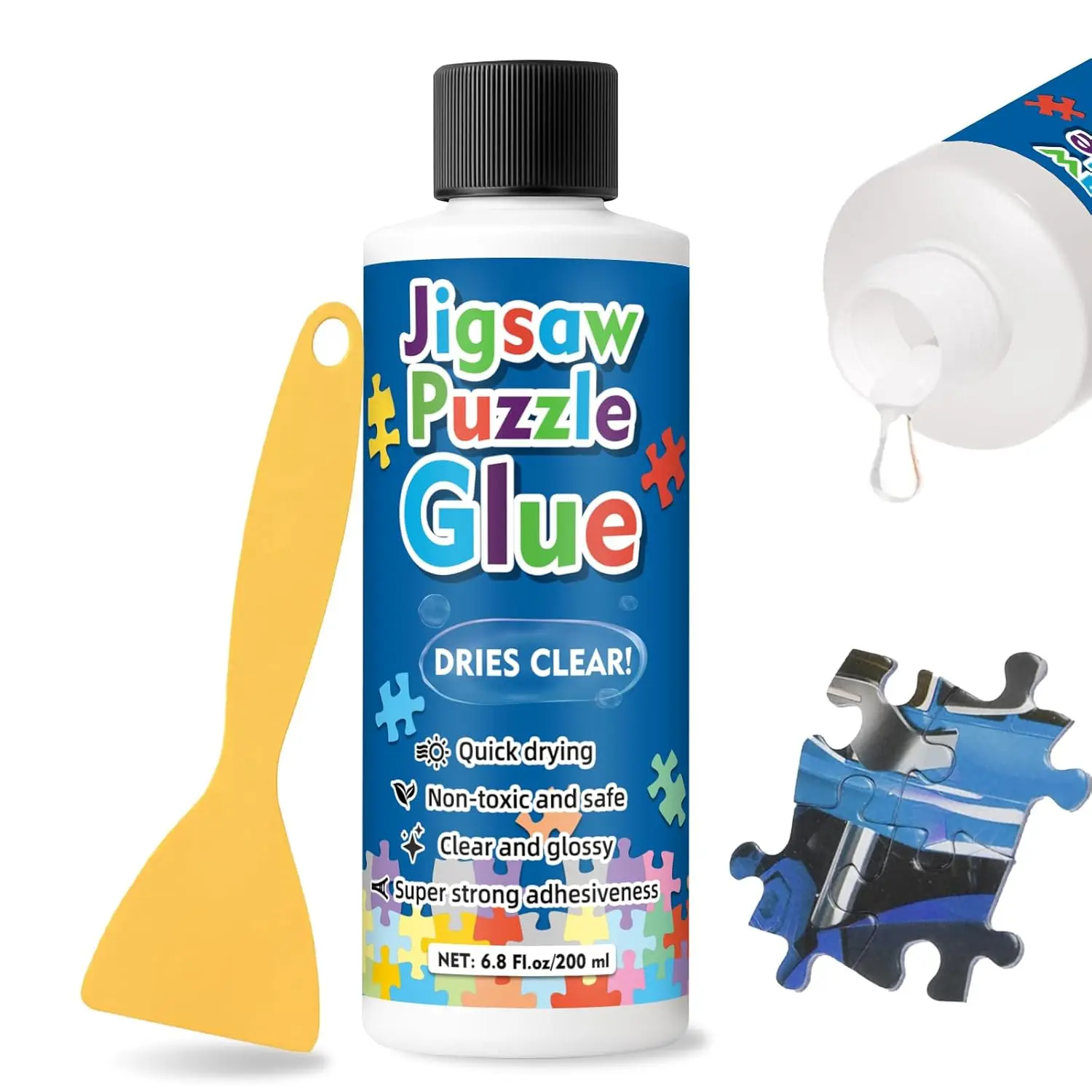 Jigsaw Puzzle Glue, Clear Water-Soluble Quick Dry Puzzle Glue with Applicators, Suitable for 1000/3000/5000 Pieces of Paper and Wood Puzzle (200ML)