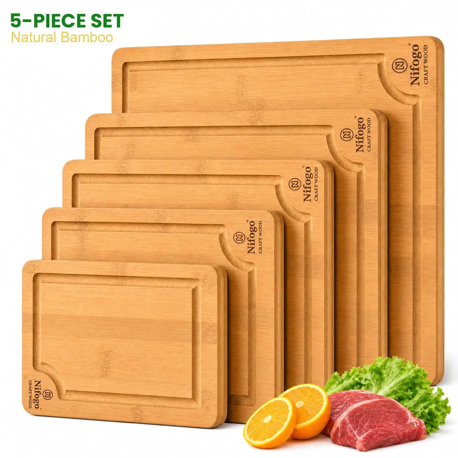 5 Packs 5 Piece Multi Purpose Bamboo Chopping Board Full Set Deep Juice Groove Anti Spill Liquid Design Portable Camping Wood Prep Board