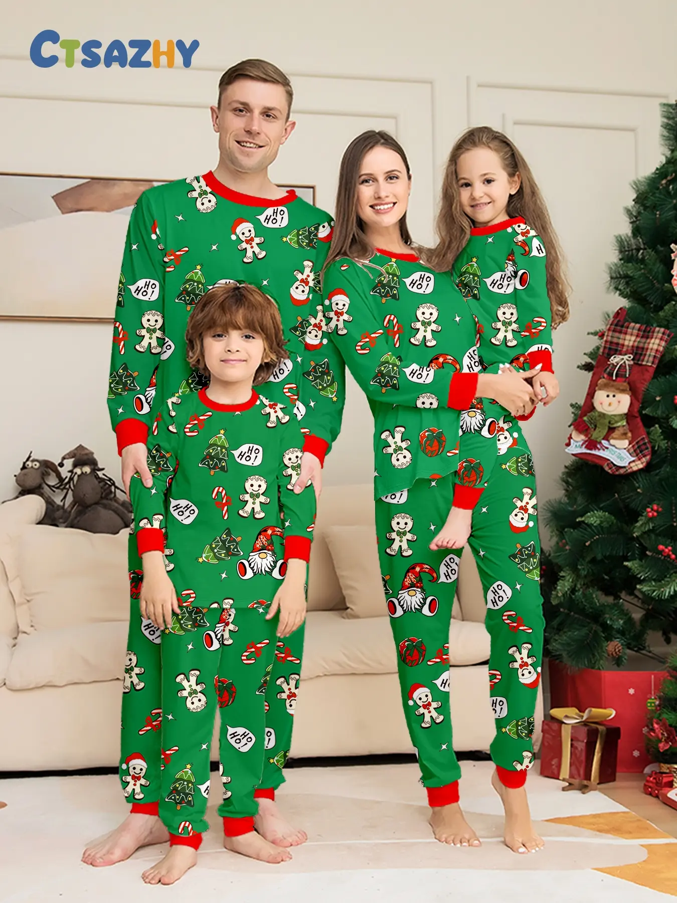 Family Christmas Pajama Set, Base Trim, Gingerbread Man Pattern, Soft Comfortable, All Seasons, Adult & Kids Sizes