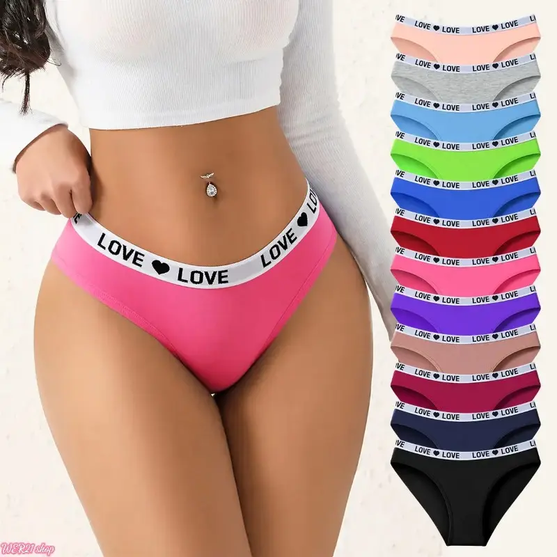 [SummerWins]Women's Color Block Letter Print Briefs Panties - 7/10/12-Piece Stretchy, Breathable, Secure-Fit Cotton Underwear with Elegant Stitches, Everyday Comfort & Style for Women