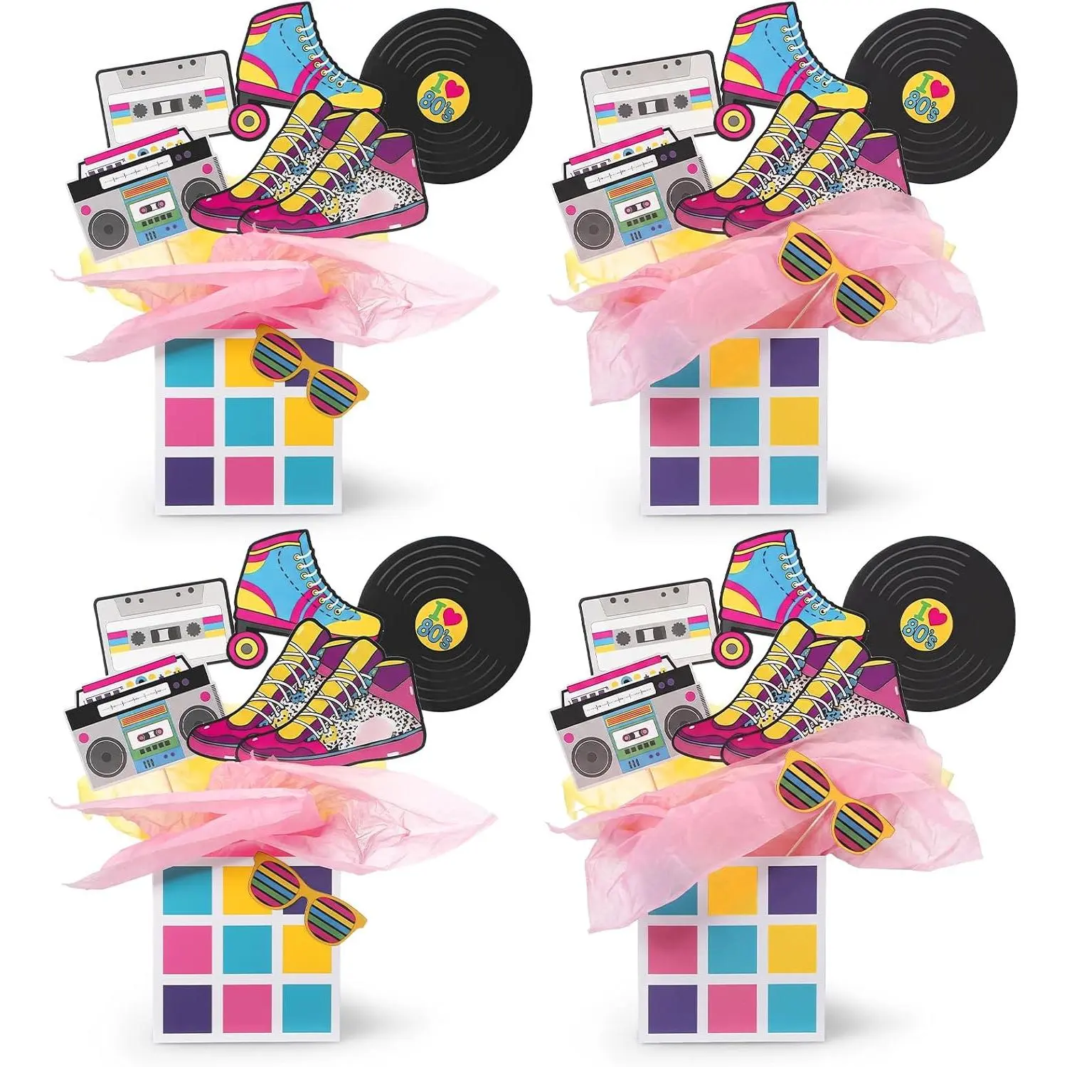 4 Set 80's Party Decorations Retro Table Centerpieces Include 4 Cubes Buckets 24 Sticks Photo Booth Props for 1980s Theme Party Supplies