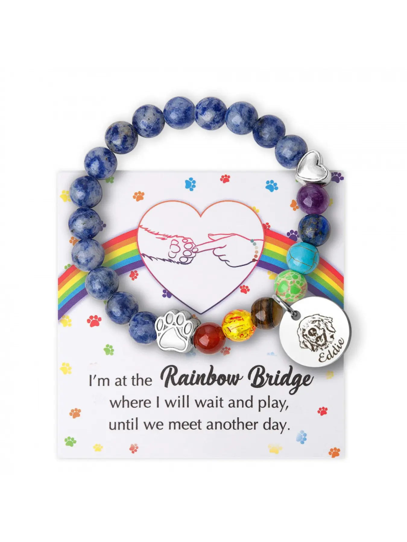 Natural Stone Pet Memorial Bracelet with Stainless Steel Engraved Disc, Silver Dog Paw & Heart Charm Handmade Sympathy Jewelry for Dog & Cat, Rainbow Bridge Pet Loss Keepsake Gift