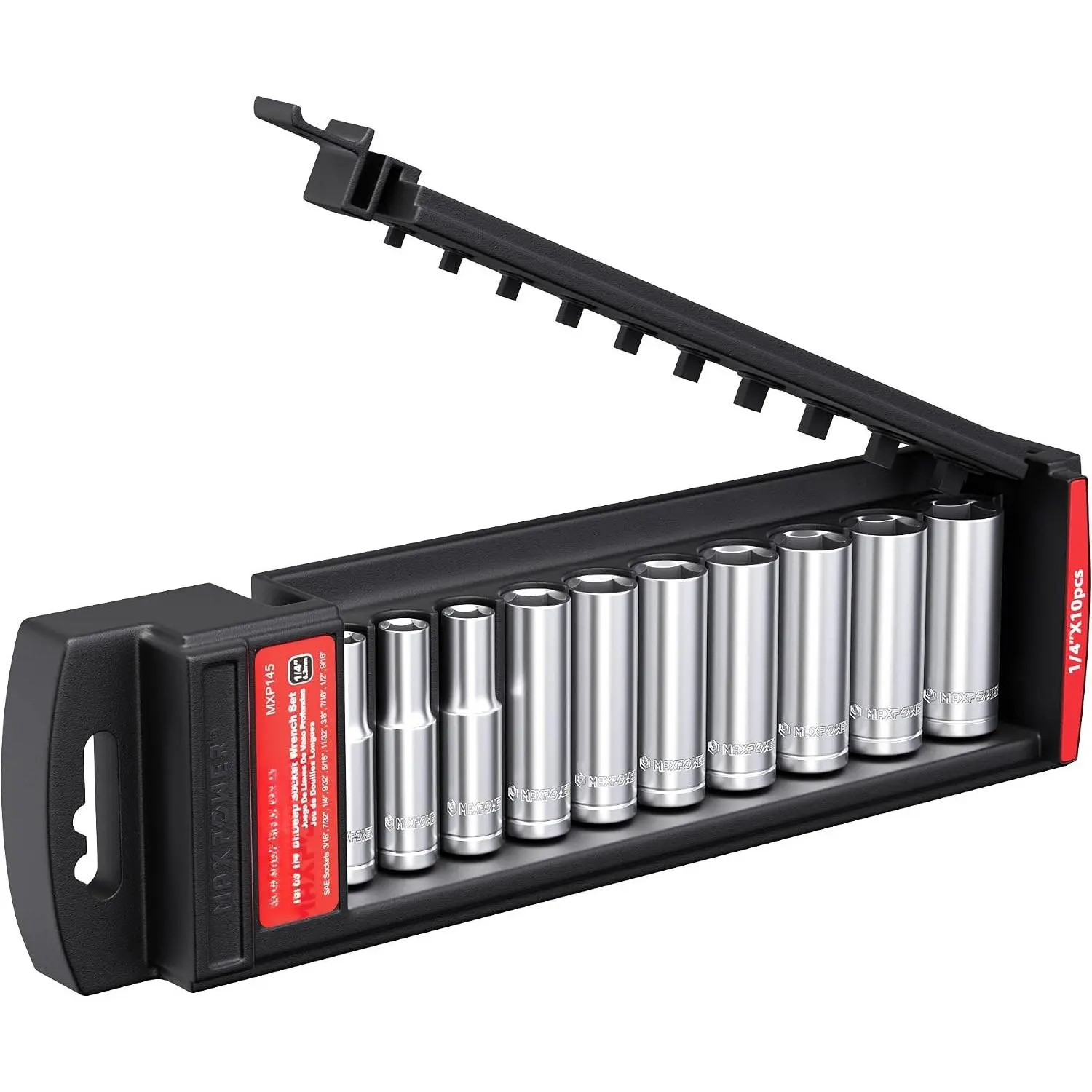 10 count 1/4" drive Deep Socket Set, SAE, 6-ponit Sockets 3/16", 7/32", 1/4", 9/32", 5/16", 11/32", 3/8", 7/16", 1/2", 9/16"