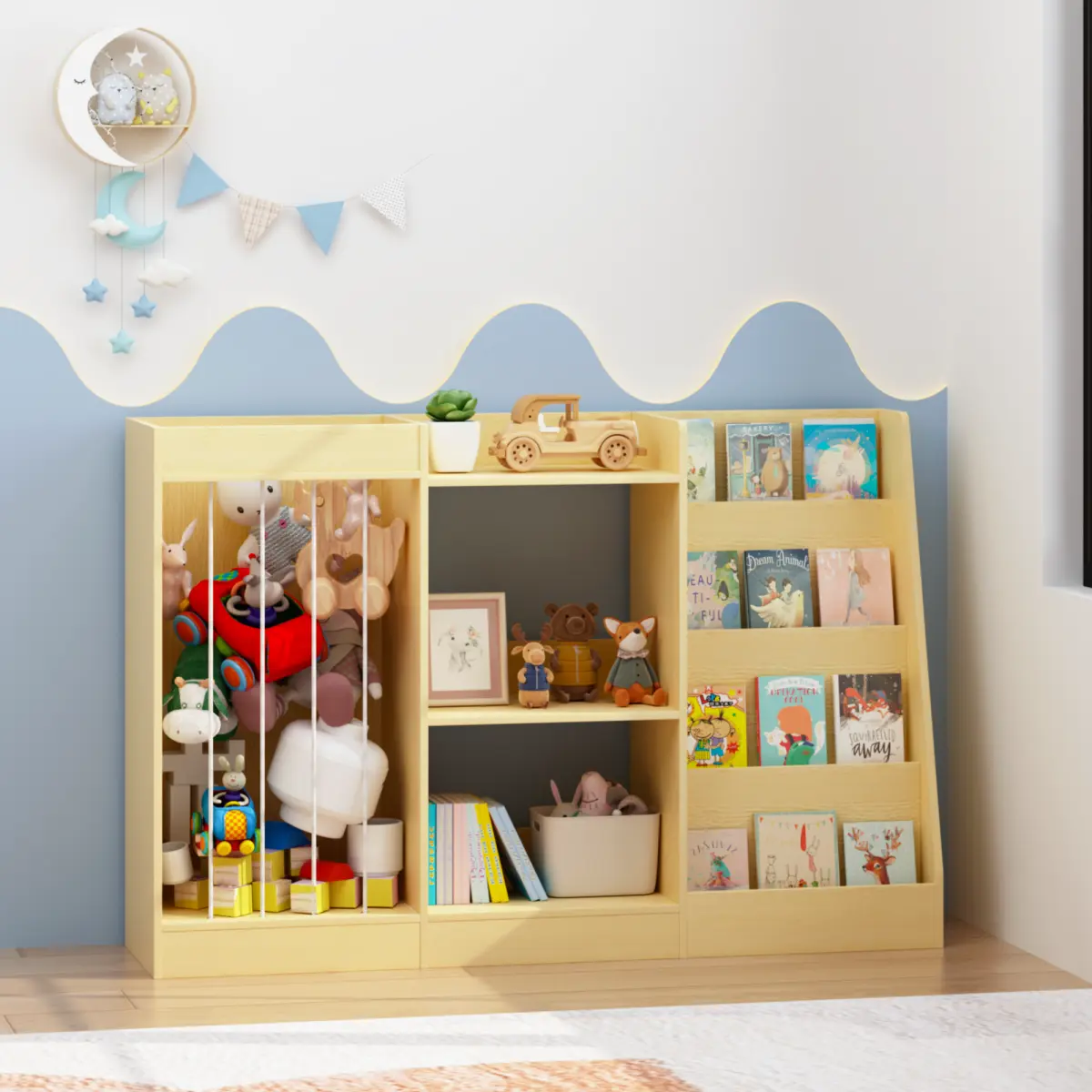 Toddler Low-Height Design Bookcase with Toy Storage Rack - Stuffed Animal Zoo, Kids Books Organizer for Nursery, Playroom, Lowheightdesign