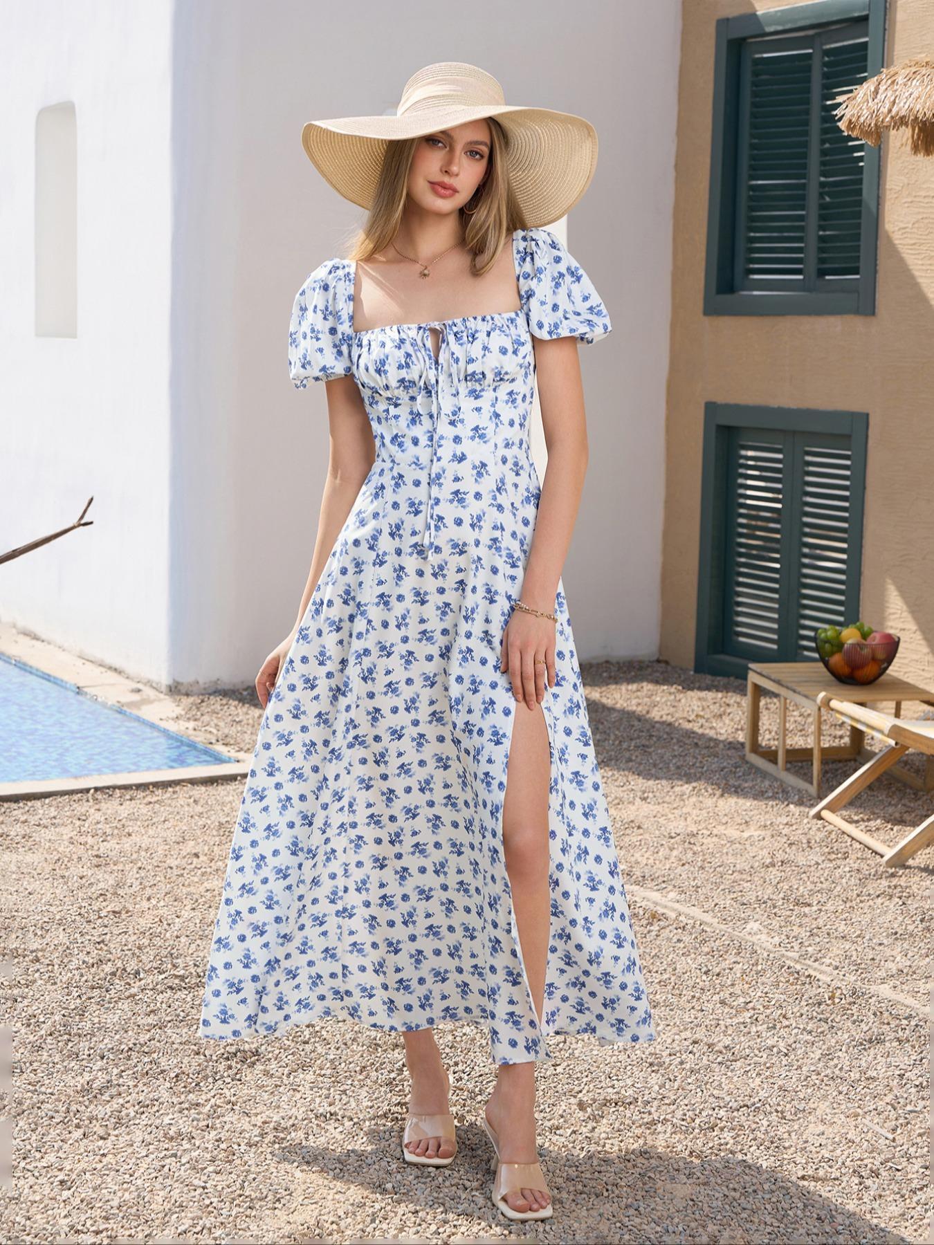 Women'S Frenchy Style Ditsy Floral Print Puff Sleeve Tie Front Split Thigh A Line Dress, Milkmaid Dress, Dress For Summer, Short Sleeve Square Neck Long Dress For Beach Vacation Holiday, Summer Outfits 2024, Ladies Summer Clothes