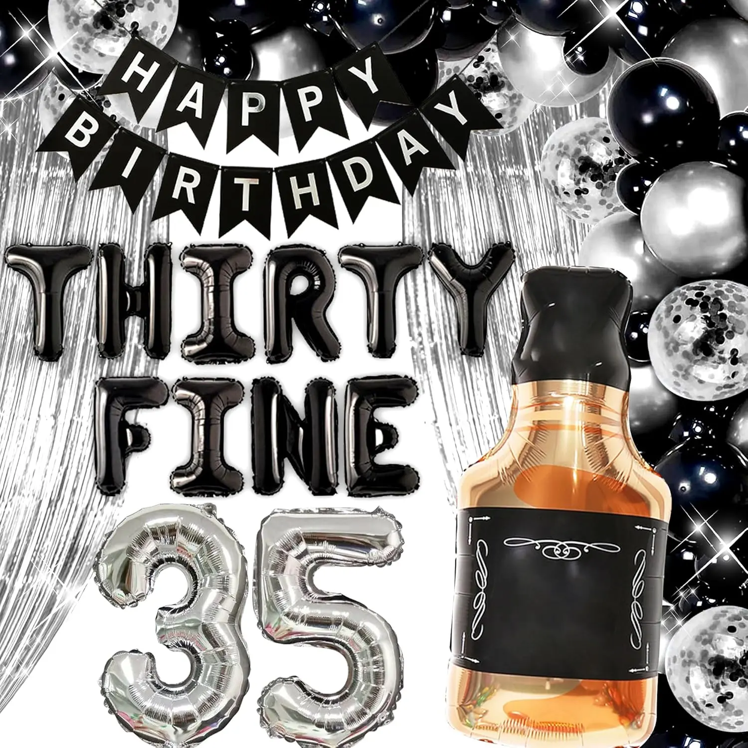 35th Birthday Party Decoration Set for Him, Fine Banner, 35 Number Balloons, Whiskey Balloons