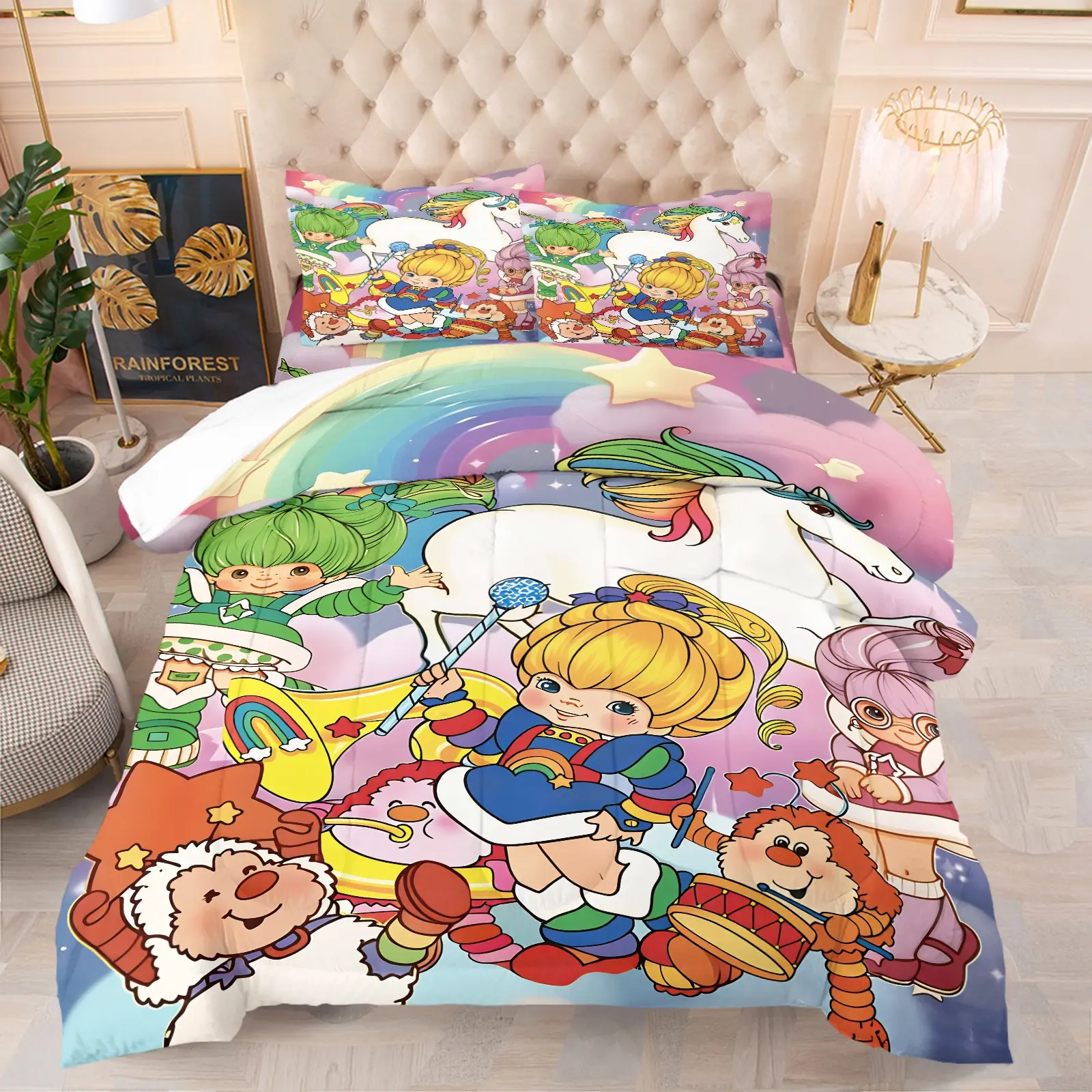 Rainbow Brite Cartoon Unicorn Rainbow Sprite Comforter Set, 1 Comforter + 1-2 Pillowcases, Durable Soft Comfy Washable Bed Set, High Definition Digital Print, Cute All Seasons Vintage Cartoon Style, Girls Kids Bedroom Bedding