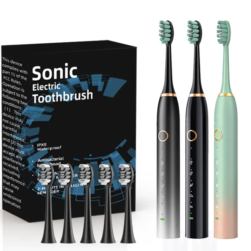 IPX8 waterproof sonic electric toothbrush, USB charging, couples’ model with replaceable head and metal handle, suitable for adults and both genders, smart timer and 5 replacement brush heads