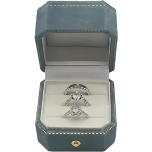 3 Slots Velvet Jewelry Ring Box, Octagon Engagement Ring Box Ring Display Holder Case with Hinged Lid for Proposal Engagement Wedding, 2.44x2.44x2.17 IN U2-PRB003 Lake Blue