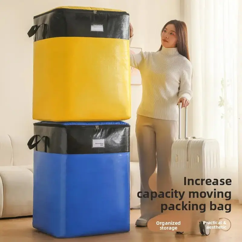 180L Extra Large Moving Packing Bags Thickened Wear Resistant Storage Bags Luggage Clothes Organizer Waterproof Dustproof Quilt Bags With Reinforced Handles Yellow Black 50x50x72cm For Closet Dorm Moving Travel Household Garment Quilt Storage