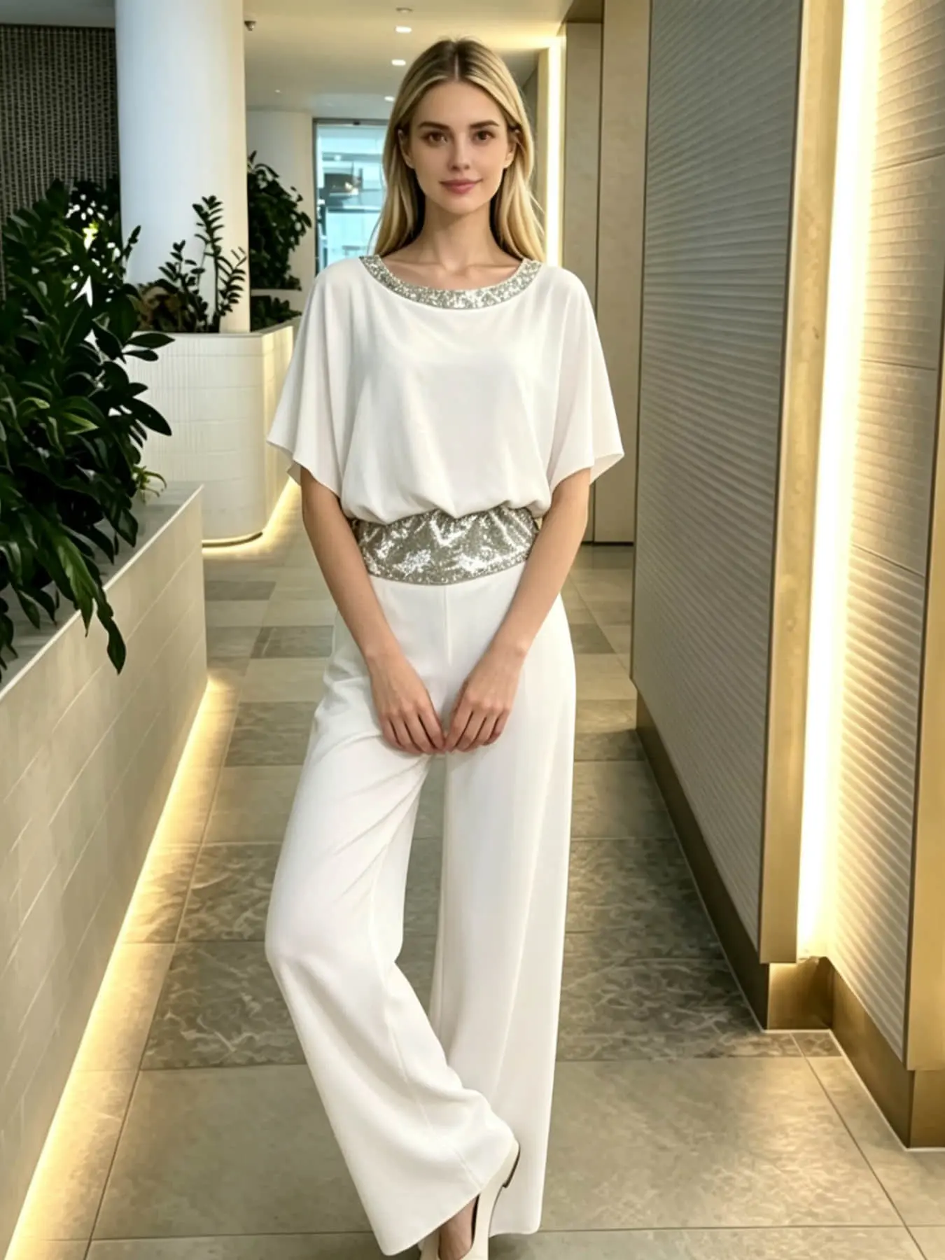 Two-Piece Women's Fashion Light Luxury Sequin Belted Set: Round Neck Silver Sequin Waistband Loose Hiding Body Long Wide Leg Pants Set, Suitable for Summer, Perfect for Evening Parties, Office Commutes, Vacation Trips, and Wedding Guests
